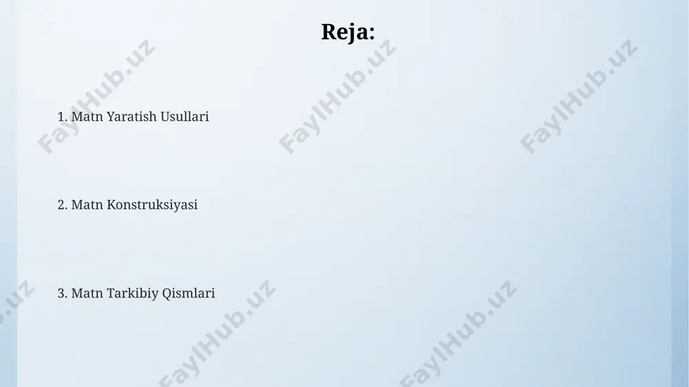hlil boʻlib, u soʻzlarning shaklini, tuzilishini va grammatik xususiyatlarini, masalan, 1-darajali va 2-darajali affikslarni oʻrganishni oʻz ichiga oladi. semantik tahlil matnning maʼnosi, asosiy gʻoyasi, mavzusi va uning tarkibiy qismlarining oʻzaro munosabatlarini – jumladan, 3 ta asosiy semantik munosabatlarni tahlil qilishni nazarda tutadi. sentaktik tahlil matnning tuzilishini, jumlalararo bogʻlanishni va ularning sintaktik funksiyalarini aniqlashga, jumlada 5 ta asosiy gap boʻlagi mavjudligini tekshirishga xizmat qiladi. matnning mavzusi va asosiy fikri matnning mavzusi uning asosiy fikrini aniqlashda 1-darajali ahamiyatga ega bo'lib, 2-3 ta asosiy kalit so'z bilan ifodalanadi va butun matn shu atrofida quriladi. matnning mavzusi va asosiy fikri o'rtasidagi bog'liqlik semantik munosabatlar orqali aniqlanadi, bu esa matnning yaxlitligi va mantiqiy izchilligini ta'minlaydi. asosiy fikr – matnning yadrosi hisoblanib, u 5-7 ta gap yoki jumlada ifodalanadi va muallifning asosiy maqsadi, bayoni yoki da'vosini aks ettiradi. xulosa va xulosalar matnning yakuniy qismidagi xulosalar, umumiy hajmning 10-15% ni egallab, muammoning echimi va kelgusi tadqiqotlar yo'nalishlarini …