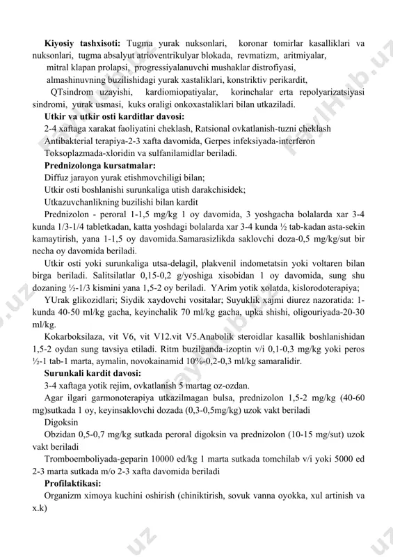 kali kardit-klinik simptomsiz boshlangich faza bilan sekin rivojlanuvchi jarayon; utkir yoki utkir osti karditdan davolanishiga karamay rivojlangan surunkali kardit buladi. sk gemodinamikasiga kura 2 ta varianti farklanadi: sk chap korincha katta bushligi va miokardda sklerotik jarayonning ustunligi bilan; uning asosida miokardning kiskarishi faoliyati buzilishi yotadi sk chap korincha bushligining torayishi yoki normal bushlik bilan –shunga kura gipertrofik va restriktiv variant-lari,gipertrofik va sklerotik jarayonlar-ning turli xil nisbati bilan. uning asosida miokardning diastolik (relaksatsion) faoliyati buzilishi yotadi sk klinikasi: ikkala variantda xam uzok vakt simptomsiz jarayon kuzatiladi va ekstrakardial belgilar ustunlik kiladi: jismoniy usishdan orkada kolish, tez charchash, bexollik, kaytalanuvchi pnevmoniyalar, kusish, kungil aynishi, korinda ogrik va x.k. bemorlarning ¼ kismida boshka simptomlar bilan birga mas ning jaroxati belgilari paydo buladi: ya’ni tusatdan rangining okarishi, bezovtalik, xushdan ketish, tutkanok, ba’zan tuxtovsiz kusish, sovuk ter, taxikardiya minimal xansirash bilan, ba’zan gemiparez rivojlanadi sk okibati: letal xolat-26,3%, keyinchalik -100% yashayotgan sk li bemorlarda okibati …
