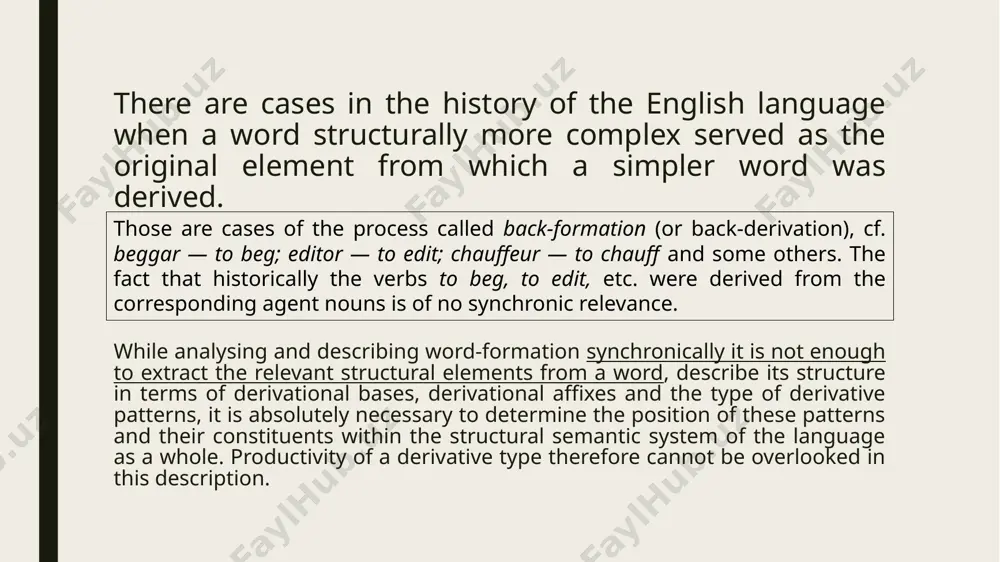 sed to coin an unlimited number of nonce-words denoting active agents (e.g., interrupter, respecter, laugher, breakfaster, etc.). the adjective suffix -ful is described as a productive but not as an active one, for there are hundreds of adjectives with this suffix (e.g. beautiful,hopeful, useful, etc.), but no new words seem to be built with its help. for obvious reasons, the noun-suffix –th (to heal-health) in terms of this approach is to be regarded both as a non-productive and a non-active one. a new criterion of semantic derivation is based on the frequency of occurrence in various utterances of either of the two member words related through conversion. according to this frequency criterion a lower frequency value testifies to the derived character of the word in question. to give an illustration, according to m. west’s a general service list of english words, the frequency value of four verb — noun conversion …
