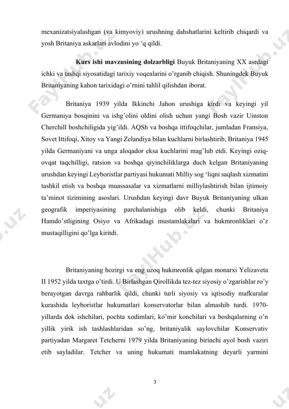 mustamlakalari va hukmronliklari o’z mustaqilligini qo’lga kiritdi. britaniyaning hozirgi va eng uzoq hukmronlik qilgan monarxi yelizaveta ii 1952 yilda taxtga o’tirdi. u birlashgan qirollikda tez-tez siyosiy o’zgarishlar ro’y berayotgan davrga rahbarlik qildi, chunki turli siyosiy va iqtisodiy mafkuralar kurashida leyboristlar hukumatlari konservatorlar bilan almashib turdi. 1970-yillarda dok ishchilari, pochta xodimlari, ko’mir konchilari va boshqalarning o’n yillik yirik ish tashlashlaridan so’ng, britaniyalik saylovchilar konservativ partiyadan margaret tetcherni 1979 yilda britaniyaning birinchi ayol bosh vaziri etib sayladilar. tetcher va uning hukumati mamlakatning deyarli yarmini xususiylashtirishga kirishdi. buyuk britaniyaning davlat korxonalari ijtimoiy xarajatlarni qisqartirish va mudofaa xarajatlarini oshirish. yigirmanchi asr britaniya tarixini o’rganish, shuningdek, buyuk britaniyaning ikkita eng mashhur madaniy timsoli: 1960-yillarda buyuk britaniya, aqsh va evropada musiqa va madaniyatga chuqur ta’siri keng tahlil qilingan "bitlz" pop musiqa guruhining keng qamrovli ta’sirini ochib beradi. bir qator ilmiy tadqiqotlar va 1981-yil iyul oyida televideniyeda ko’rsatilgan to’yda uels shahzodasi charlzga turmushga chiqqan diana spenser xonim …