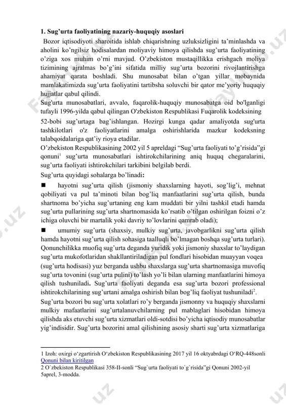 gan ] sug’urta quyidagi sohalarga bo’linadi: · hayotni sug’urta qilish (jismoniy shaxslarning hayoti, sog’lig’i, mehnat qobiliyati va pul ta’minoti bilan bog’liq manfaatlarini sug’urta qilish, bunda shartnoma bo’yicha sug’urtaning eng kam muddati bir yilni tashkil etadi hamda sug’urta pullarining sug’urta shartnomasida ko’rsatib o’tilgan oshirilgan foizni o’z ichiga oluvchi bir martalik yoki davriy to’lovlarini qamrab oladi); · umumiy sug’urta (shaxsiy, mulkiy sug’urta, javobgarlikni sug’urta qilish hamda hayotni sug’urta qilish sohasiga taalluqli bo’lmagan boshqa sug’urta turlari). qonunchilikka muofiq sug’urta deganda yuridik yoki jismoniy shaxslar to’laydigan sug’urta mukofotlaridan shakllantiriladigan pul fondlari hisobidan muayyan voqea (sug’urta hodisasi) yuz berganda ushbu shaxslarga sug’urta shartnomasiga muvofiq sug’urta tovonini (sug’urta pulini) to’lash yo’li bilan ularning manfaatlarini himoya qilish tushuniladi. sug’urta faoliyati deganda esa sug’urta bozori professional ishtirokchilarining sug’urtani amalga oshirish bilan bog’liq faoliyat tushuniladi[footnoteref:2]. [2: o`zbekiston respublikasi 358-ii-sonli “sug`urta faoliyati to`g`risida”gi qonuni 2002-yil 5aprel, 3-modda. ] sug’urta bozori bu sug’urta xolatlari ro’y berganda jismonny va huquqiy shaxslarni mulkiy …