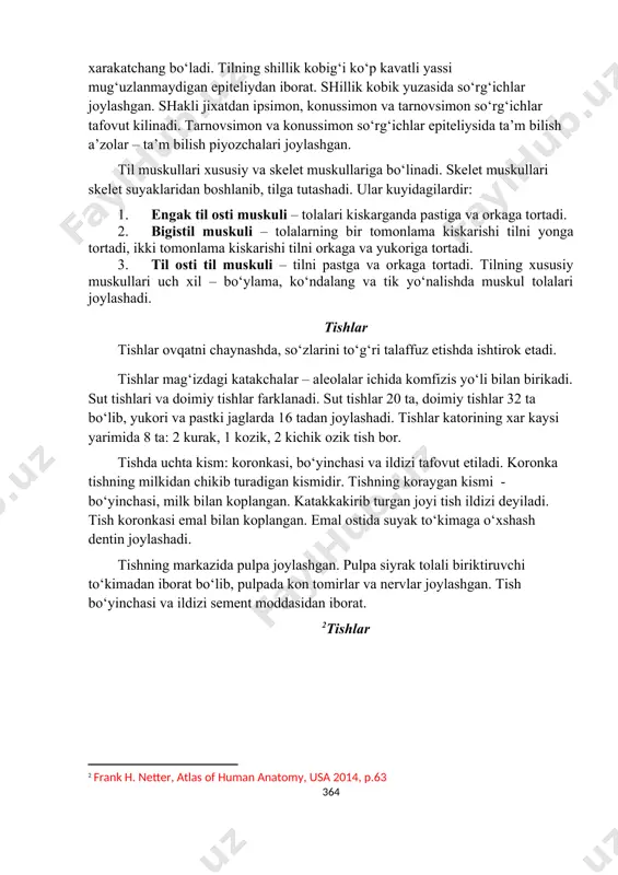 lashadi. tishlar katorining xar kaysi yarimida 8 ta: 2 kurak, 1 kozik, 2 kichik ozik tish bor. tishda uchta kism: koronkasi, bo‘yinchasi va ildizi tafovut etiladi. koronka tishning milkidan chikib turadigan kismidir. tishning koraygan kismi - bo‘yinchasi, milk bilan koplangan. katakkakirib turgan joyi tish ildizi deyiladi. tish koronkasi emal bilan koplangan. emal ostida suyak to‘kimaga o‘xshash dentin joylashadi. tishning markazida pulpa joylashgan. pulpa siyrak tolali biriktiruvchi to‘kimadan iborat bo‘lib, pulpada kon tomirlar va nervlar joylashgan. tish bo‘yinchasi va ildizi sement moddasidan iborat. tishlar so‘lak bezlari og‘iz bo‘shligida kichik so‘lak bezlari va 3 katta so‘lak bezlari tafovut etiladi. katta so‘lak bezlarga kulok osti bezi, til osti bezi va jag‘ osti bezlari kiradi. so‘lak bezlari tuzilish jixatdan murakkab alveolalar – naysimon bezlar guruxiga kiradi. alveolalar – bu sekret moddalar ishlab chikaruvchi oxirgi bo‘limlar. naychalar bu chikaruv naylar bo‘lib, bular orkali ishlab chikarilgan maxsulot – sekret xarakatlanib, ogiz bo‘shlig‘iga chikariladi. uchta bezning sekreti …