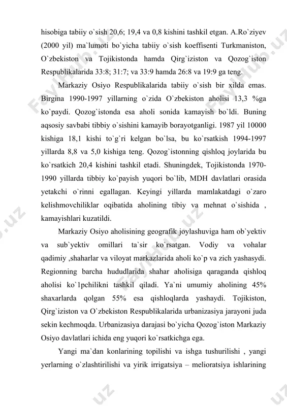 rg`izistonda -24,1 kishi to`g`ri keladi .aholining zichligining davlatlar orasida keskin farq qilishi aholining milliy tarkibi ,hududlari kattaligi tabiiy o`sish koefisenti va boshqalar bilan bog`liq . aholi zichligi har bir davlat geografik hududlarida ham keskin farq qiladi ,asosan aholining o`rtacha zichligi o`zbekistonda bir kv.km ga andijon viloyatida -509.8, qaraqalpog`istonda-8.8, navoiyda-6.9, farg`ona iqtisodiy rayonida 412 (mdh mamlakatlarida ichida eng yuqori o`rinda turadi) kishini tashkil qiladi. aholining jinsiy, yosh va milliy tarkibi muhim demokratik ko`rsatkich hisoblanadi. aholining jinsiy va yosh tarkibi istiqbolini belgilash aholini takror barpo qilish uchun zarur ko`rsatkichdur. turli sabalarga ko`ra ularning salmog`i o`zgarib turgan . masalan: o`zekistonda 1939 yilda erkaklar 52,0%ni , ayollar 48,0% ni tashkil etgan bo`lsa, 1989 yil erkaklar 49,0% va ayollar 51,)% tashkil etgan. 1999 yil har 1000 erkakka 1018 ayol to`g`ri kelgan. ayohi yosh tarkibidagi yuqori ko`rsatkichlar mamlakat ishlab chiqarish kuchlarini rivojlantirishning istiqbollarini belgilab beradi. past ko`rsatkichlar aholining qarib borishini ko`rsatadi. aholining milliy tarkibi tashqi omillar …