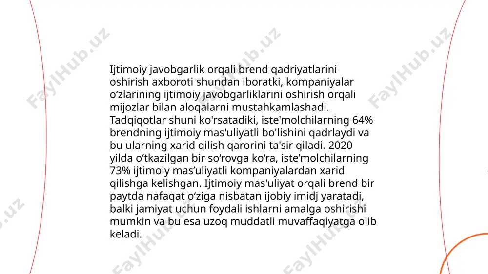 korxonalarni barqaror rivojlanishga va jamiyatga ijobiy hissa qo'shishga undaydi. statistikaga ko'ra, ijtimoiy javobgarlikni o'z strategiyalariga kiritgan kompaniyalar darajasi 75% ga oshgan. bunday strategiyalar odatda atrof-muhitni himoya qilish, xodimlarni qo'llab-quvvatlash va mahalliy jamoalarni rivojlantirishga qaratilgan. masalan, tadqiqotlarga ko'ra, ekologik tashabbuslarni joriy etgan kichik bizneslar energiya iste'molini 20% ga kamaytirishi mumkin. xodimlarning malakasini oshirish va jamoaviy loyihalar uchun o'qishga sarflangan mablag' 10% ga o'sgan. shu kabi moslashtirilgan strategiyalar kichik bizneslarni ijtimoiy mas'uliyatli qiladi. ... t.me/slaydai_bot ijtimoiy javobgarlik sarmoyadorlar uchun juda muhim, chunki bu kompaniyaning obro'sini oshiradi va investorlar uchun barqaror daromad imkoniyatlarini yaratadi. masalan, mckinsey kompaniyasining tadqiqoti shuni ko'rsatdiki, ijtimoiy mas'uliyatli kompaniyalar 63% investitsiya jalb qilish ehtimolini oshiradi. bunday yondashuv nafaqat ijtimoiy va ekologik omillarga e'tibor qaratish imkonini beradi, balki mablag'ni to'g'ri joylashtirishga ham yordam beradi. msci tadqiqotlariga ko'ra, ijtimoiy javobgarlik dasturiga ega kompaniyalar aksiyadorlik qiymatini 18% ga ko'paytirishi mumkin. natijada, bu sarmoyadorlar uchun riskni kamaytiradi va uzoq muddatli muvaffaqiyatga erishish imkonini …