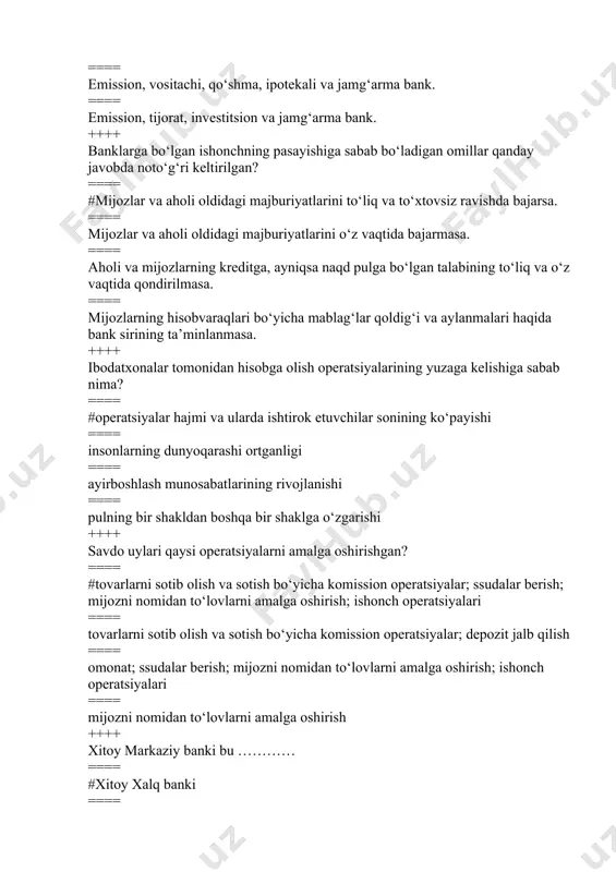 0-yil fransiya markaziy banki, 1694-yil italiya markaziy banki ++++ bank tizimi bu ==== #yagona kredit tizimida faoliyati yuritayotgan banklar majmui ==== tijorat banklari faoliyati ==== markaziy banklar faoliyati ==== tijorat banklari hamda markaziy bank faoliyati ++++ bank tizimi pog’ona nuqtai nazardan nechi turga bo’lib o’rganiladi ==== #3 ==== 2 ==== 1 ==== 4 ++++ yevropa ittifoqi bank tizimi …….. ==== #3 pog’onali ==== 4 pog’onali ==== 2 pog’onali ==== 1 pog’onali ++++ yevropa markaziy banki qachon tashkil topgan? ==== #1998 ==== 1999 ==== 2000 ==== 2001 ++++ yevropa ittifoqi bank tizimining 3-pog’onasida turuvchi banklar ==== #yevrohududga a’zo mamlakatlardagi tijorat banklari ==== yevrohududga a’zo mamlakatlar markaziy banklari ==== yevropa markaziy banki ==== yevrohududdagi nobank kredit tashkilotlari ++++ bank tizimi …… ==== #banklar faoliyati bilan bog’liq elementlar yig’indisi ==== markaziy bankning operatsiyalari ==== tijorat banklari operatsiyalari ==== nobank kredit tashkilotlari bajaradigan operatsiyalar ++++ tijorat banklari faoliyatini tartibga soluvchi va nazorat qiluvchi tashkilot? …
