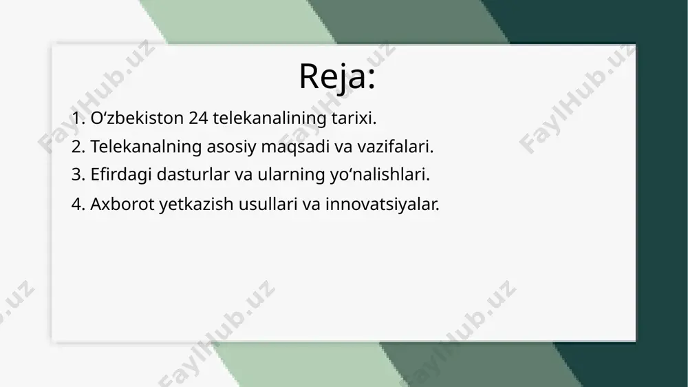 internet va ijtimoiy tarmoqlar orqali ham keng auditoriyaga yetkaziladi. bugungi kunda oʻzbekiston 24 nafaqat mahalliy, balki xalqaro axborot maydonida ham o‘z o‘rniga ega bo‘lib, ishonchli yangilik manbalaridan biri hisoblanadi. 2. telekanalning asosiy maqsadi va vazifalari. oʻzbekiston 24 telekanalining asosiy maqsadi – jamiyatni ishonchli, tezkor va xolis axborot bilan ta’minlashdir. telekanal mamlakatdagi va dunyodagi muhim voqealarni yoritish, tahliliy dasturlar orqali chuqur tahlil qilish hamda tomoshabinlarga dolzarb ma’lumotlarni yetkazishni o‘z oldiga maqsad qilib qo‘ygan. shu bilan birga, telekanal oʻzbekistonning siyosiy, iqtisodiy, madaniy va ijtimoiy hayotiga oid yangiliklarni yoritish orqali aholining xabardorligini oshirishga xizmat qiladi. rasmiy manbalarga tayanib, xolis axborot berish, jamoatchilik fikrini shakllantirish va mamlakatning xalqaro nufuzini oshirish ham uning asosiy vazifalaridan biridir. oʻzbekiston 24 telekanali mamlakat va xalqaro miqyosdagi dolzarb yangiliklarni tezkor va xolis yoritishni asosiy maqsad qilib olgan. telekanalning vazifalari qatoriga ishonchli axborot yetkazish, tahliliy dasturlar orqali jamiyatdagi muhim jarayonlarni yoritish, hamda rasmiy manbalarga asoslangan aniq ma’lumotlar berish kiradi. shu …