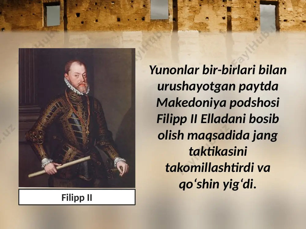 archa o‘ldirilgan. savol va topshiriqlar 1. sizningcha, nima uchun yunonlar o’z mamlakati mustaqilligini saqlab qola olmadilar? 2. demosfenning ellada aholisi oldiddagi xizmatlari nimada? 3. xaritadan filipp ii ning yurishlari yo‘nalishlarini ko‘rsating. 4. makedonlar qo‘shinlari yunonlarnikidan nimasi bilan farqlangan? 5. yunonistonning bosib olinishi qachon va qaysi jangda ro‘y berdi? 6. filipp ii yunonistonni bosib olganidan keyin yunon shaharlarining boshqaruvida qanday o’zgarishlar bo’ldi? image2.jpeg image3.jpeg image4.png image5.jpeg image6.jpeg image7.jpeg image8.jpeg image9.jpeg image10.jpeg image11.jpeg image12.jpeg image13.jpeg image14.jpeg image15.jpeg image16.jpeg image1.jpeg