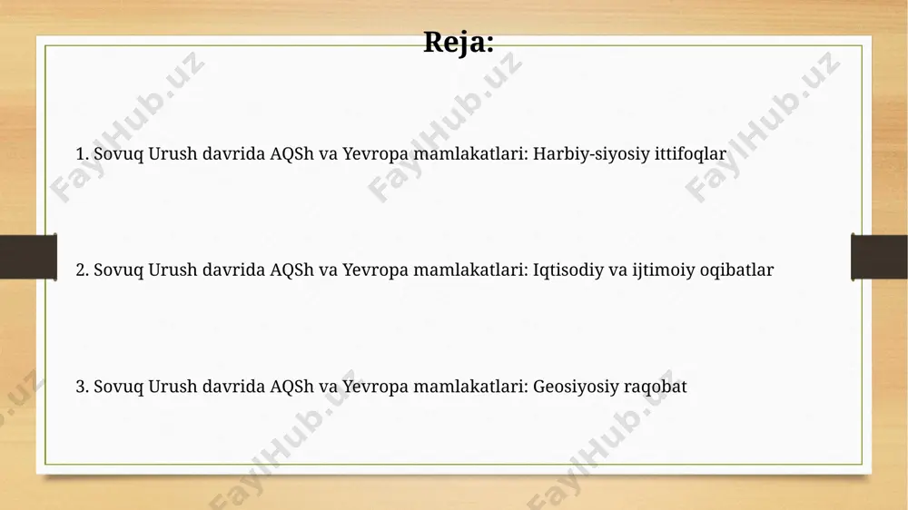 vet ittifoqining siyosiy kuchini namoyish etdi. sovuq urush davrida yevropada nato va varshava pakti o'rtasida 1949-yildan 1991-yilgacha bo'lgan harbiy bloklar raqobati, germaniyaning bo'linishi va berlindagi devor kabi jiddiy geosiyosiy oqibatlarga olib keldi. ikki qutbli dunyo: aqsh va sssrning raqobatlari 1962-yilgi kubada raketalar inqirozi, aqsh va sssr o'rtasida yadro urushi xavfini keltirib chiqargan eng keskin voqea bo'lib, dunyo yaqinlashib kelayotgan qirg'inni his qildi. sovuq urush davrida ikkala tomon ham kosmik poyga (space race)da faol ishtirok etdi, masalan, 1969-yilda aqshning oyga qo'nishini sssr kosmik dasturi bilan raqobat sifatida ko'rish mumkin. e'tiboringiz uchun rahmat @taqdimot_robot image7.jpg image8.jpg image9.jpg image10.jpg image11.jpg image3.png image4.png
