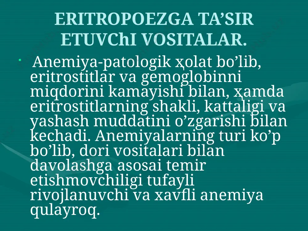 lliy qo’llash uchun b) umumiy (sistemali) ta’sirli 2. antifibrinolitik vositalar qonning ivishining pasaytiruvchi vositalar (antikoagulyantlar). ta’sir tabiatiga asoslanib antikoagulyantlar ikkiga bo’linadi: 1. bevosita ta’sirli aktikoagulyantlar (geparin). 2. bilvosita ta’sirli antikoagulyantlar (qon ivishi faktorlarini sintezini susaytiruvchilar) neodikumarin, fenilin, simkumar. antifibrinolitik vositalar. aminokapron kislotasi. profibrinolizinni fibrinolizinga aylanishini to’xtatadi, chunki u shu jarayonni faollashtiruvchi omilga va fibrinolizinga bsvosita susaytiruvchi ta’sir ko’rsatadi. mitdan yaxshi so’riladi. 2-3 soatdan keyin konda eng yuqori konsentrastiyasi aniklanadi. zaxarliligi past noxush ta’siri: bosh aylanishi, ko’ngil aynash, qayt qilish. image2.jpeg image3.jpeg image4.jpeg image5.jpeg image6.jpeg image1.png