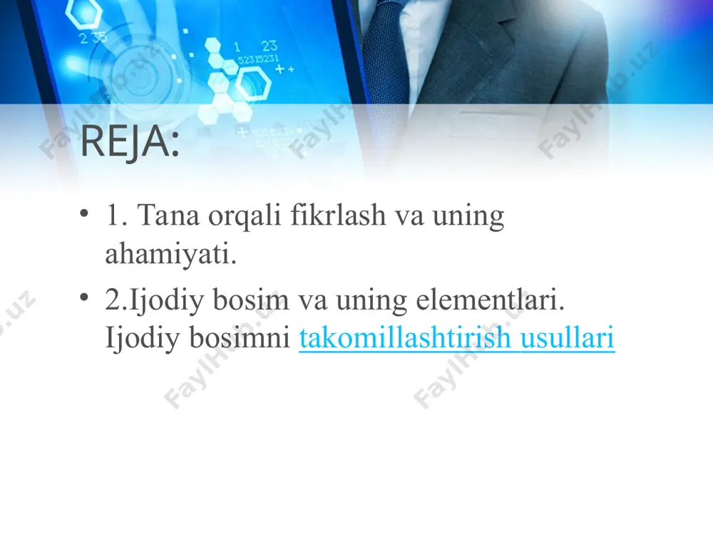 rib chiqishga va aqliy blokadalarni yo'q qilishga yordam beradi. texnika g'oyalarni qidirish vaqtini qisqartiradi, qidiruv jarayonini tashkil qiladi va samaraliroq qiladi. ijodkorlikning turli usullari bir kishi, ikki yoki bir guruh uchun mo'ljallangan. -muammoni bayon qilish -xom ma'lumotlarni to'plash -manba ma'lumotlarini tizimlashtirish mezonlarini ishlab chiqish -manba ma'lumotlarini tuzish -manba ma'lumotlarini har tomonlama o'rganib chiqing - problematika sohasini kengaytirish -muammo bo'yicha bir nechta nuqtai nazarlarni shakllantirish -yechimlarning maksimal sonini shakllantirish -istiqbolli g'oyalar yoki echimlarni tanlash mezonlarini ishlab chiqish -aqliy blokadani olib tashlash -g'oyani yaratish jarayonini tezlashtirish -muammoning haqiqatan ham foydali va o'ziga xos echimlarini tanlang. aqliy hujum aqliy hujum - bu ijodiy faollikni rag'batlantirishga asoslangan muammoni hal qilishning operativ usuli bo'lib, unda munozara ishtirokchilaridan iloji boricha ko'proq echimlarni, shu jumladan eng hayoliy echimlarni taklif qilishlari so'raladi. so'ngra, bildirilgan fikrlarning umumiy sonidan eng muvaffaqiyatli bo'lganlar tanlanadi, ulardan amalda foydalanish mumkin. bu ekspert baholash usuli. ushbu usul bbdo reklama kompaniyasining asoschilaridan biri aleks osborne …