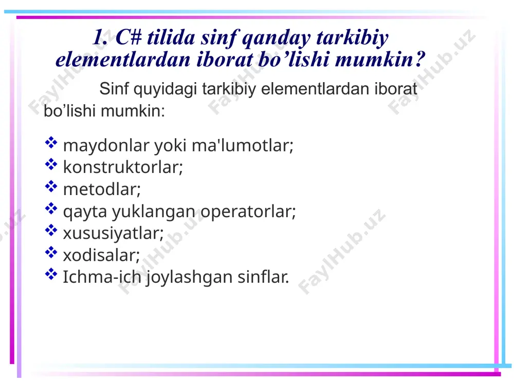 ype turiga mos kelishi kerak bo'lgan konstanta qiymati. 5 4. sinf maydoni uchun const modifikatoridan foydalanishga misol misolda doira asosida tuzilgan geometrik shakllarning xususiyatlarini hisoblash metodlarini amalga oshirish uchun circlefigures sinfi e'lon qilinadi. sinf quyidagi elementlarni o'z ichiga oladi: const kalit so'zi bilan e'lon qilingan ochiq (public) pi konstantasini; berilgan radius uchun aylana uzunligini aniqlaydigan length() metodini; berilgan radius uchun doira yuzasini aniqlaydigan area() metodini; berilgan radius uchun sfera hajmini aniqlaydigan volume() metodini. 6 4. sinf maydoni uchun const modifikatoridan foydalanishga misol main() funktsiyasida sinf namunasi (obyekti) yaratiladi va sinf metodlarini chaqirishni amalga oshiradi. bundan tashqari, ohkormas ravishda statik hisoblanuvchi pi konstanta maydoniga kirish ko'rsatilgan. using system; using static system.console; namespace consoleapp2 { // turli xil figuralarni yuzalarinini hisoblaydigan sinf class circlefigures { // konstanta maydon – sinfda uning qiymatini o’zgartirib bo’lmaydi public const double pi = 3.141592; // oshkormas statik hisoblanadi // berilgan radius uchun aylana uzunligini hisoblaydigan metod …