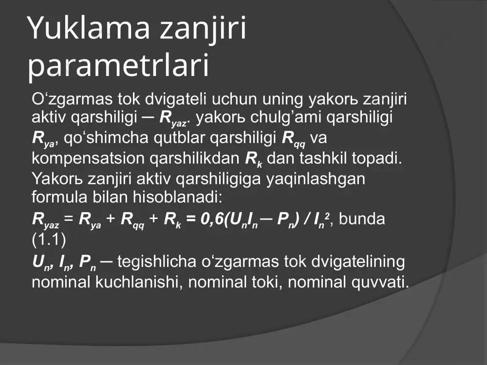 un moslashuvchan transformator tmг-5 taransformatori o’zgartgich ventil bo’lgan tiristor t-131-40 tipli ularning himoyasi uchun avtomatlar o’zgaruvchan tok zanjiri uchun a3711b va o’zgarmas tok zanjiri uchun a3711b larni tanladik kurs ishi davomida berilgan vazifalar to’la qonli qanoatlantirildi.tanlangan qurilmalar berilgan shartlar bo’yicha bajarildi, 1. imomnazarov a.t. sanoat korxonalari va fuqarolik binolarining elektr jihozlari ─ t.: «ilm ziyo», 2006. ─ 185 b. 2. valeriy vodovozov «introduktion» to power enginering, ist edition bookboon. london, 2010. ─ 112 p. 3. vodovozov v. electric drive systems and operation bookboon. london, 2011. ─ 113 p. 4. хошимов о.о., имомназаров а.т. электромеханик қурилма ва мажмуаларнинг элементлари. ─ т.: «ўажбнт» маркази. 2003. ─ 124 б. 5. imomnazarov a.t. elektromexanik tizimlarning elementlari. oliy o‘quv yurtlari uchun darslik. ─ т.: «ta’lim», 2009. ─ 155 b. image1.png image4.png image8.png image6.png image2.png image3.png image12.png image5.png image14.png image11.png /docprops/thumbnail.jpeg