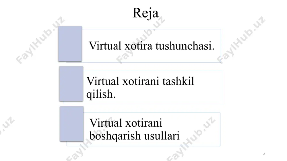 q bo'ladi, shuning uchun agar siz ram hajmini qo'sha olsangiz, barchasini bir xil qilish afzalroq bo'ladi. ammo bu mumkin bo'lmaganda, virtual xotira juda foydali bo'lishi mumkin. xotirani virtualashtirish g’oyasi doirasida tx xotira bo’shlig’i deb nomlangan n manzillarning chiziqli bo’sh joyi sifatida ko’rib chiqiladi. n yaycheykadan ko’proq talab qilinadigan ilovalar uchun virtual maydon deb ataladigan (odatda barcha turdagi xotiraning umumiy hajmiga teng) ancha katta manzillar maydoni taqdim etiladi, umuman holda bu chiziqli emas. virtual makonning adreslari virtual deb nomlanadi va fizik fazoning adreslari fizik deb nomlanadi. dastur virtual adreslarda yozilgan, ammo qayta ishlangan buyruqlar va ma’lumotlar txda bo’lishi kerakligi sababli, har bir virtual adresning fizik adresda to’g’ri kelishi talab qilinadi. shunday qilib, hisoblash jarayonida, birinchi navbatda, tashsq-dan tx-ga virtual adres bilan ko’rsatilgan ma’lumotlarning bir qismini qayta yozish (virtual bo’sh joyni xaritaga kiritish) va keyin virtual adresni fizik holatga o’tkazish kerak (1-rasm). 6 7 1-rasm. virtual adresni fizik adresga o’tkazish 8 virtual …
