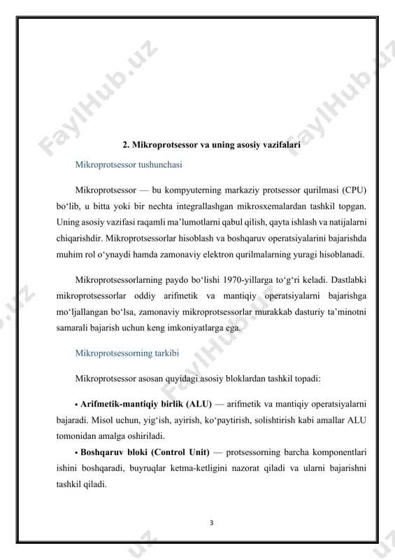 ma’lumotlarni qabul qilish va qayta ishlash: kiruvchi ma’lumotlarni operativ xotiradan yoki tashqi qurilmalardan olib, ularni kerakli shaklga keltirib hisoblash. · buyruqlar ketma-ketligini boshqarish: dasturiy kod bo‘yicha bajarilishi kerak bo‘lgan buyruqlarni o‘qish, tahlil qilish va bajarish jarayonini nazorat qilish. · hisoblash operatsiyalarini bajarish: arifmetik va mantiqiy amallarni bajarish, masalan, yig‘ish, ayirish, ko‘paytirish, bo‘lish, solishtirish va mantiqiy funksiyalar. · ma’lumotlarni tashqi qurilmalar bilan almashish: ma’lumotlarni sensorlar, qurilmalar va boshqa tizimlar bilan uzatish va qabul qilish. · tizimni boshqarish va muvofiqlashtirish: kompyuter yoki qurilmaning barcha qismlarini boshqarish, sinxronlashtirish va resurslardan samarali foydalanishni ta’minlash. xulosa mikroprotsessor — bu zamonaviy boshqaruv tizimlarining asosiy qurilmasi bo‘lib, u juda ko‘p funksiyalarni bajaradi. ularning rivojlanishi va takomillashuvi texnika va sanoatning avtomatlashtirilishida muhim rol o‘ynaydi. mikroprotsessorning samarali ishlashi markazlashtirilgan boshqaruv tizimlarining barqaror va ishonchli faoliyatini ta’minlaydi. 3. markazlashtirish tizimlari haqida umumiy ma’lumot markazlashtirish tizimining mohiyati va asosiy tushunchalari markazlashtirish tizimi — bu boshqaruv jarayonlarini bir markaziy nuqtadan amalga oshirishga …