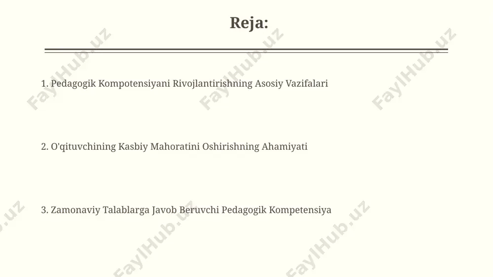 omillashtirishda, o'quv rejasini 15% ga qisqartirish va o'quv faoliyatini 25% ga kuchaytirish orqali vaqtni samarali boshqarish muhim rol o'ynaydi. o'qituvchining pedagogik malakasini oshirish o'quv jarayonining samaradorligini 20-30% ga oshirishi, shuningdek, talabalarning bilim olishga bo'lgan qiziqishini va faolligini kuchaytirishi mumkin. ta'lim sifatini yaxshilash o'qituvchilarning pedagogik malakasini oshirish ta'lim jarayonining samaradorligini 20-30% ga oshirishi va o'quvchilarning bilim darajasini 15 ballga yaxshilashi mumkin. ta'lim sifatini yaxshilashga qaratilgan o'quv dasturlari va treninglar o'qituvchilarning professional kompetentsiyasini 30% ga va o'quv ishlarini rejalashtirish ko'nikmalarini 25% ga oshiradi. o'z ustida ishlash va kasbiy rivojlanish o'z ustida ishlash, pedagogik malaka oshirishning 30% ini tashkil etadi va kamida 5 ta yangi uslubni o'zlashtirishni o'z ichiga oladi. o'z ustida muntazam ishlash va kasbiy rivojlanish, o'qituvchining samaradorligini 15-20% ga oshirishga olib keladi, bu esa o'quvchilarning akademik yutuqlariga ijobiy ta'sir ko'rsatadi. e'tiboringiz uchun rahmat @taqdimot_robot image2.jpg image3.jpg image4.jpg image5.jpg image6.jpg image7.jpg image8.jpg
