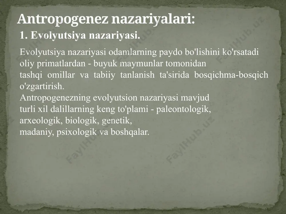da bir qator o'xshashlar. transformatsiya haqidagi miflarni ham yaratilish nazariyasining variatsiyasi deb hisoblash mumkin. hayvonlarning odamlarga aylanishi va xudolar tomonidan birinchi odamlarning tug'ilishi haqida. pravoslav ilohiyotshunosligi yaratilish nazariyasini isbotlab bo'lmaydigan deb hisoblaydi. shunga qaramay, bu nazariyaning turli dalillari ilgari suriladi, ulardan eng muhimi, insonning yaratilishi haqida hikoya qiluvchi turli xalqlarning afsona va afsonalarining o'xshashligidir. zamonaviy ilohiyot yaratilish nazariyasini isbotlash uchun eng yangi ilmiy ma'lumotlardan foydalanadi, ammo bu ko'pincha evolyutsiya nazariyasiga zid kelmaydi. zamonaviy ilohiyotning ba’zi oqimlari kreatsionizmni evolyutsiya nazariyasiga yaqinlashtiradi , inson maymunlardan asta-sekin o‘zgarishlar natijasida paydo bo‘lgan, lekin tabiiy tanlanish natijasida emas, balki xudoning irodasi yoki ilohiy dasturga muvofiq paydo bo‘lgan deb hisoblaydi. tashqi aralashuv nazariyasi. antropogenez nazariyalari: bu nazariyaga ko'ra, odamlarning yer yuzida u yoki bu tarzda paydo bo'lishi boshqa sivilizatsiyalar faoliyati bilan bog'liq. eng oddiy versiyada, tvv odamlarni tarixdan oldingi davrda yerga qo'ngan o'zga sayyoraliklarning bevosita avlodlari deb hisoblaydi. keyinchalik murakkab tvv variantlari quyidagilarni o'z ichiga oladi: …