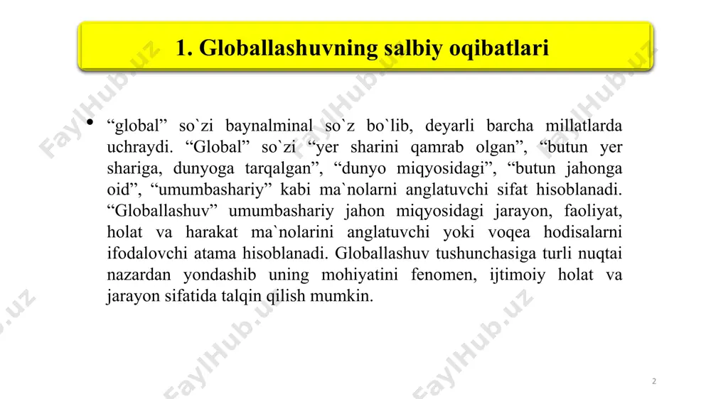 harakat qilgan. bugungi kunda ham butun dunyo inson qalbi ujchun shiddatli kurash ketayotganini yaxshi tushunamiz. demokratiya niqobidagi nafsga qullikni dil niqbidagi jaholatni targ`ib etishdan ko`zlanayotgan, uzoqlarga ketadigan manfaatlarni teran anglaymiz. va bularning bariga nimaki qanday qudratni qarshi qo`yish lozimligiga ham aqlimiz yetadi. bu birinchi navbatda xalqimizning or-nomusi, diniy va dunyoviy e`tiqodi, ma`rifatini o`zida mujassam etgan ma`naviy qudratdir. 4 globallashuvning salbiy oqibatlari ko‘proq o‘tish iqtisodiyoti mamlakatlarida kuzatilmoqda. ularning aksariyati baynalmillashuv jarayonida jahon bozoriga asosan xomashvo va mehnattalab mahsulotlar yetkazib beruvchilar boiib, shu bilan birga sanoati rivojlangan mamlakatlaming yanada taraqqiy etishiga hissa qo‘shgan holda, past va nobarqaror jahon narxlari kon’yukturasiga bogiiq ravishda daromad oladilar. yuqorida bir necha bor ta’kidlanganidek, globallashuv jarayonlarida ishtirok etishdan asosan rivojlangan mamlakatlar foyda ko‘rib, ular yanada ko‘proq daromad ko‘rish, ishlab chiqarish xarajatlarini qisqartirish maqsadida, ular yuqori qo'shimcna qiymat keltiradigan tayyor mahsulotlar ishlab chiqarishga ixti so siangan holda ko‘p mehnattalab va atrof muhitga ziyon yetkazuvchi mahsulotlami rivojlanayotgan mamlakatlarga joylashtirishga …
