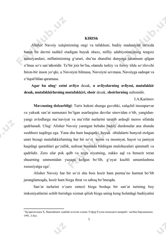 a ahamiyatli bo‘lsa, ularning zargarona ifodasi, bemisl mahorat natijasi o‘laroq tarkib topgan go‘zal shakli shu qadar jozibali, hayratlanarli. ularni o‘qigan kishi, agar tom ma’noda uni tushunish, anglash baxtiga musharraf bo‘lsa shoirning ulug‘ donishmandligi oldida lol qolsa, yozmishlari badiiyati, ularning nafosati qarshisida dong qotadi. shuning uchun adib asarlarning mazmuni, g‘oyaviy jihatlari tadqiqi ne chog‘liq dolzarb bo‘lsa, ularning badiiyatini o‘rganish, mahorat qirralarini ochib berish ham birdek zarur. navoiy asarlarida qo‘llangan tabiiy vositalar, unsurlar turfa va xilma – xil. ular ichida shoirning ranglar vositasida fikr berish usuli o‘ziga xos. adabiyotshunoslikda olimlarimiz u yoki bu asar tadqiqi, shoirlar tahlilida ularda qo‘llangan ranglar, ularning badiiy – estetik vazifasi xususida to‘xtalganlar. lekin hozirgacha shoir ijodida tasvirdagi ranglar ahamiyati maxsus o‘rganilmagan. shu bois bitiruv malakaviy ishimizga mazkur mavzuni tanladik. mavzuning o‘rganilganlik darajasi: adabiyotshunosligimizda navoiyning lirik va epik asarlari nisbatan keng tadqiq qilingan, adabiy-estetik qarashlari o‘rganilgan. ularning ayrimlariga to‘xtalib o‘tamiz. shoir asarlarining badiiyatiga bag‘ishlangan talay maqolalar, bir qator …