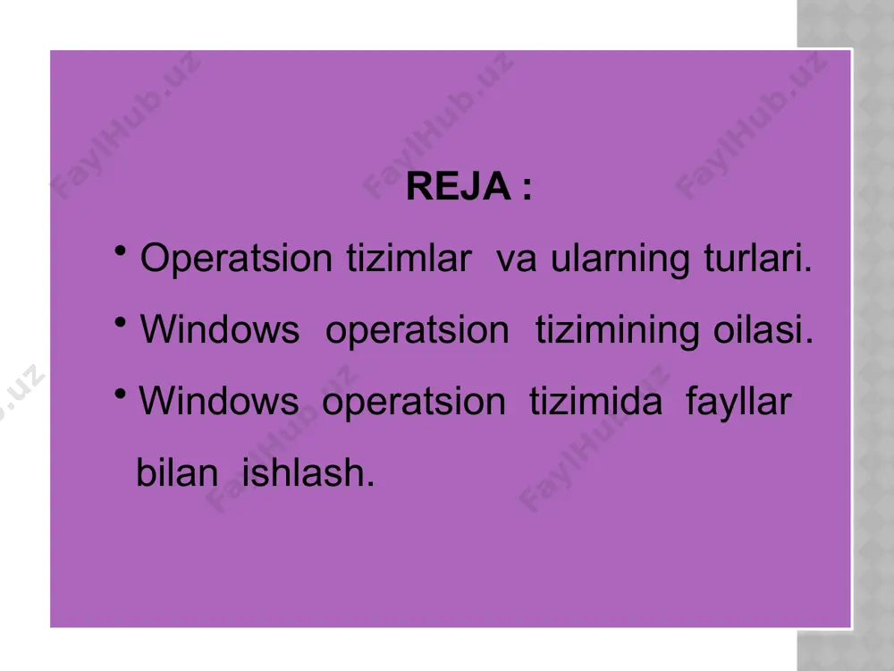 \ , : , *, , ” , | . faylning kengaytmasi turli fayllar uchun standart kengaytmalar mavjud: kengaytma fayl turi misol zip arxiv zip referat.zip rar arxiv winrar referat.rar mpg, avi video film.mpeg mp3 muzika pesny.mp3 bmp, jpg , gif risunok, fotografiya risunok.bmp hlp spravka windows.hlp htm, html stranitsi iz interneta kniga.htm ppt prezentatsii (microsoft powerpoint) prezentatsiy.ppt txt tekstoviye dokumenti tekst.txt exe, com dasturlar acdsee9.exe xls tablitsi (microsoft excel) katalog.xls doc dokumenti (microsoft word) pismo.doc fayl o‘lchami har bir fayl diskda ma’lum bir xajmni egallaydi. diskdagi xajm o‘rni, maydoni baytlarda, kilobaytlarda (kb), megabaytlarda (mb), gigabaytlarda (gb) va terobaytlarda (tb) o‘lchanadi. faylni saqlash fayllar to‘g‘ridan – to‘g‘ri diskda yoki direktoriya, katalog yoki papka deb nomlanuvchi maxsus joylarda saqlanishi mumkin. windowsda papka shunday belgilanadi shunday qilib fayl va papkalarning diskdagi joylashish tarkibi – iyerarxik, uni daraxt ko‘rinishida tasavvur qilish mumkin. papkaning iyerarxik tuzilishi windowsda iyerarxiya tepasida «rabochiy stol» papkasi joylashadi. papkaning …