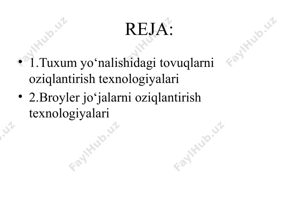 1.5. biologik faol moddalar (vitaminlar, gormonlar, fermentlar). yoshi, hafta oziqa sarfi, g/bosh. 1 kunda yoshi, hafta oziqa sarfi, g/bosh. 1 kunda 18 77 26 105 19 84 27 107 20 89 28 108 21 94 29 109 22 97 30 110 23 99 31 – 40 111 24 101 41 – 50 110 25 103 51 – 80 115 bir bosh tovuq uchun boyitilgan omuxta yem sarfi tuxum yo‘nalishidagi tovuqlar ratsion tarkibi ko‘rsatkichlar boyitilgan omuxta yem turi 01 02 03 tovuqlar yoshi hafta 0-8 9-20 21- katta bug‘doy doni % 54,0 44 32,5 soya shroti % 18,0 16 23 makka doni % 23,0 34 28 kungaboqar yog‘i % 1,5 2,0 3,0 premiks % 2,5 2,5 2,5 izvestnyak % 1,0 1,5 11,0 100,00 100,00 100,00 aminokislotalarning yetishmasligi tovuqlarda ishtahaning pasayishi, jo‘jalarning o‘sish va rivojlanishdan qolishi, ona tovuqlarda esa tuxum berishning kamayishiga sabab bo‘ladi. shuning uchun ham, tovuqlarni oziqlantirishda metionin, lizin, triptofan, …