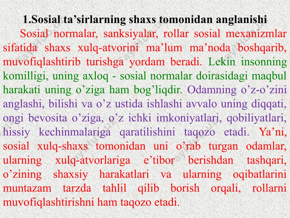 qat o’ziga, balki o’zgalar bilan bo’ladigan munosabatlarini ham belgilaydi. qizlardagi «men» — obrazining yaxshi va ijobiy bo’lishi ko’proq bu obrazning ayollik sifatlarini o’zida mujassam eta olishi, ayollik hislatlarining o’zida ayni paytda mavjudligiga bog’liq bo’lsa, yigitlardagi obraz ko’proq jismonan barkamollik mezonlari bilan nechog’lik uyg’un ekanligiga bog’liq bo’ladi. shuning uchun ham o’smirlikda o’g’il bolalardagi bo’yning pastligi, muskullarning zaifligi va shu asosda qurilgan «men» — obrazi qator salbiy taassurotlarni keltirib chiqaradi. qizlarda esa tashqi tarafdan go’zallikka, kelishganlik, odob va ayollarga xos qator boshqa sifatlarning bor — yo’qligiga bog’liq holda «men» obrazi mazmunan idrok qilinadi. qizlarda ham ortiqcha vazn yoki terisida paydo bo’lgan ayrim toshmalar yoki shunga o’xshash fiziologik nuqsonlar kuchli salbiy emosiyalarga sabab bo’lsa-da, baribir, chiroyli kiyimlar, taqinchoqlar yoki sochlarning o’ziga xos turmagi bu nuqsonlarni bosib ketadigan omillar sifatida qaraladi. 2.«men» — obrazi va o’zini-o’zi baholash. «men» — obrazi asosida ham bir shaxsda o’z-o’ziga nisbatan baholar tizimi shakllanadiki, bu tizim ham obrazga mos …