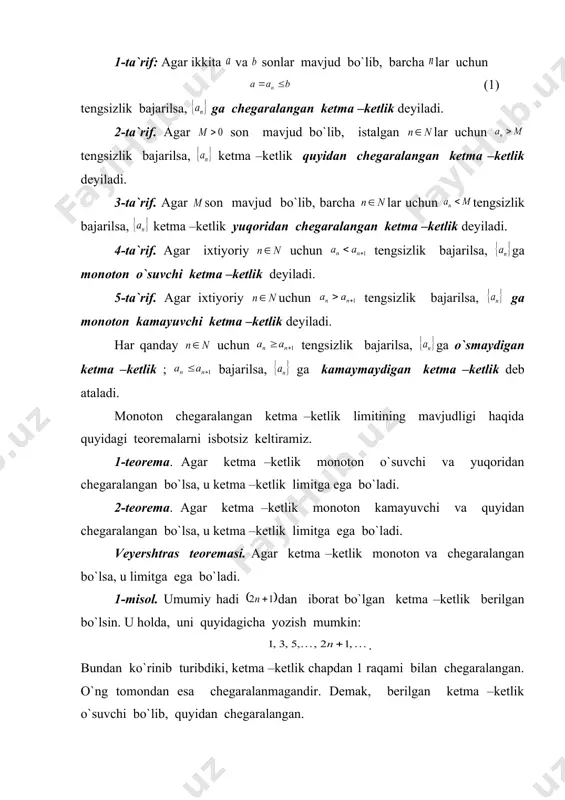 atta son uchun shunday son topilsaki, bo`lganda kelib chiqsin: . funktsiya limiti ta`rifidan foydalanib, quyida funktsiyalar limitlarini topamiz. 1-misol. o`zgarmas sonning limiti shu sonning o`ziga tengligini isbotlang. isboti: faraz qilaylik, berilgan bo`lsin. u holda, har qanday son uchun tengsizlik hosil bo`ladi. xulosa qilib aytish mumkinki, ixtiyoriy uchun . 2-misol. berilgan bo`lsa, ekanligini isbotlang. isboti: faraz qilaylik, ixtiyoriy haqiqiy son bo`lsin. quyidagi modulni yozamiz: . agar deb olsak, tengsizlikni qanoatlantiruvchi har qanday uchun tengsizlik bajariladi, ya`ni va funktsiyaning nuqtadagi limitining ta`rifiga asosan quyidagi natijaga kelamiz: . 3-misol. funktsiya limitining ta`rifidan foydalanib, ni isbot qiling. isboti: funktsiya limitining ta`rifiga asosan, ixtiyoriy son uchun biror son topilib, bo`lganda tengsizlik bajarilishi kerak, ya`ni: . ushbu tengsizlik ni qanday tanlaganda bajarilishini topamiz. oxirgi tengsizlikdan ko`rinadiki, bajarilsa, tengsizlik ham bajariladi. demak, . 6. limitlar haqidagi asosiy teoremalar 1-teorema. o`zgarmas miqdorning limiti shu o`zgarmasning o`ziga teng, ya`ni: . isboti: . . bo`lganligi uchun yoki bo`ladi. 2-teorema. limitga …