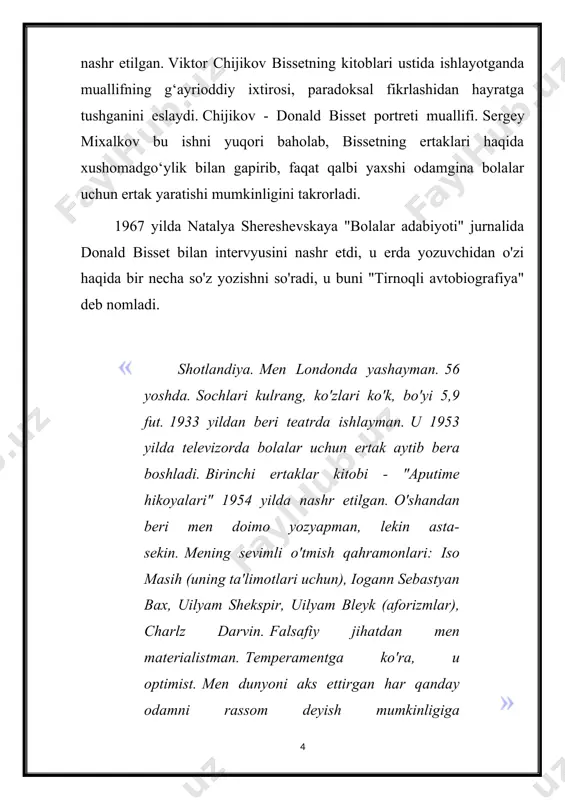 k, devlar va jodugarlar haqidagi xalq ertaklari. hans andersenning ertaklari vamenga aka-uka grimmlar yoqmaydi . marigold / donald bisset bilan avtobiografiya. bolalar adabiyoti, 5-son, 1967 yil 1969 yilning kuzida donald bisset sovet ittifoqiga birinchi marta tashrif buyurdi. 1973 yilda moskvada boʻlib oʻtgan jahon bolalar va oʻsmirlar yozuvchilarining xalqaro anjumanida qatnashdi. bisset televizorda paydo bo'ldi, bolalar bog'chasiga taklif qilindi, u erda u bolalar bilan birgalikda "men nimani xohlasam, qilaman" ertakini yozdi. shuningdek, bissetning nomi multfilmlar va filmlar tufayli ma'lum bo'ldi. rejissor yu. t. trofimov “donald bisset ertaklari” umumiy nomi ostida qoʻgʻirchoq animatsion filmlar siklini suratga oldi; lentalarni illyustratsiya ustalari e. monin , v. pertsov , b. kalaushin, e. migunov , x. avrutis va boshqalar chizgan. angliyada donald bisset kino aktyori sifatida ham tanilgan. u 1949 yilda movie-go-round filmida debyut qilgan. 1978 yilda u "atlantis liderlari" filmida kichik rol o'ynadi, u sovet prokatlarida ham namoyish etildi. uning so'nggi kino ishi "purely english …