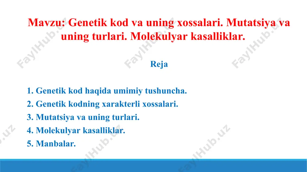 adi. 3. kod uzluksiz bo‘ladi, ya’ni ularning o‘rtasida ajratish belgilari bo‘lmaydi, shuning uchun o‘qish to‘g‘ri joydan boshlanishi kerak. 4. kod universal xarakterga ega. barcha tirik organizmlar uchun bir xil aminokislotani kodlashtiradi. 5. hammasi bo‘lib 64 ta triplet kod bo‘lib, 61tasi 20 xil aminokislotani kodlaydi, qolgan 3tasi – uga, uaa, uag – ma’nosiz (nonsens) triplet bo‘lib, birorta aminokislotani kodlashtira olmaydi. ular translyatsiyani chegaralash funksiyasini bajaradi, shu sababli stop-kodonlar deb ataladi. komplementarlik prinsipi nukleotidlar uchun xarakterli hisoblanadi, lekin nukleotidlar va aminokislotalar o‘zaro komplementar bo‘la olmaydi. shuning uchun aminokislotalar kodonlar yordamida polipeptid zanjirga to‘g‘ridan-to‘g‘ri birika olmaydi. aminokislotalarni mrnkning ma’lum uchastkasiga biriktirish «adaptor»lar yordamida yuzaga kelishi trnk ochilishiga qadar ma’lum edi. krik 1958-yilda trnkning adaptorlik roli haqidagi taxminni o‘rtaga tashladi. aminokislota trnkga birikib, o‘zining triplet kodi bilan birikish xossasiga ega bo‘ladi. trnk molekulasida aminokislotani bog‘lovchi akseptor qism bor. bundan tashqari modifikatsiyaga uchragan nukleotid asoslarini tutuvchi antikodon uchastkasi ham bor. antikodon kodonga komplementar triplet tutadi. …