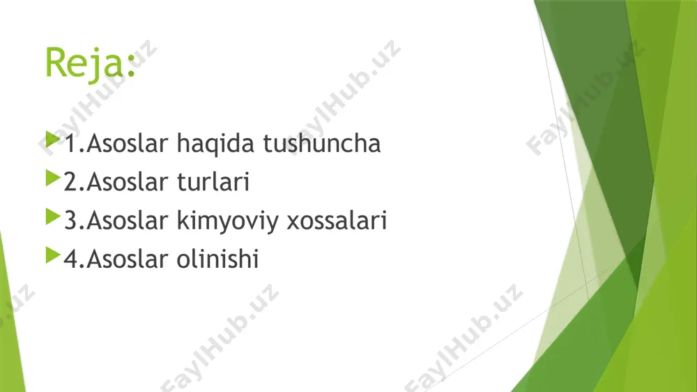 ish — bu kislota va asosning o‘zaro reaktsiyasi bo‘lib, natijada suv va tuz hosil bo‘ladi. bunda, kuchli kislota va kuchli asoslar o‘rtasidagi neytrallash reaktsiyasi ko‘proq kuzatiladi, ammo zaif kislota va asoslar o‘rtasida ham neytrallash reaksiyasi ro‘y berishi mumkin. misol: kaliy gidroksid (koh) va sulfat kislota (h₂so₄) o‘rtasidagi neytrallash reaktsiyasi:2koh+h2so4→k2so4+2h2o2koh+h2​so4​→k2​so4​+2h2​o metall oksidlarini suvda eritish orqali asos olish ba'zi metallar o‘z oksidlari bilan suvda reaksiyaga kirishib, asoslar hosil qiladi. metall oksidlarini suvda eritib olish orqali asoslarni olish usuli keng tarqalgan. metall oksidi va suv o‘rtasidagi reaktsiyada gidroksid hosil bo‘ladi. misollar uchun: natriy oksidi (na₂o) suv bilan reaktsiyaga kirishib, natriy gidroksid (naoh) hosil qiladi: na2o+h2o→2naohna2​o+h2​o→2naoh kalsiy oksidi (cao) suv bilan reaktsiyaga kirishib, kalsiy gidroksid (ca(oh)₂) hosil qiladi: cao+h2o→ca(oh)2cao+h2​o→ca(oh)2​ amfoter oksidlar bilan asos olish ba'zi amfoter oksidlar (masalan, ruh oksidi (zno) yoki aluminiy oksidi (al₂o₃)) kislotalar yoki asoslar bilan reaktsiyaga kirishib asos hosil qilishi mumkin. bu oksidlar kislotalar bilan reaksiya orqali tuzlar hosil qiladi …