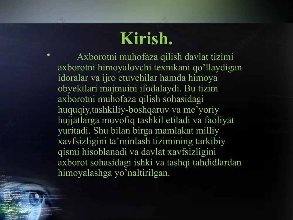 ib, o’z xotirasida ko’plab ma’lumotlarni jamlaydi va ba’zi hollarda axborot chiqib ketishi manbaiga aylanishi mumkin hamda uning aybi bilan o’zgalar ushbu axborotga noqonuniy ega bo’ladilar. axborotlarni ma’naviy-ma’rifiy himoyalash usulida xodimni tarbiyalash, u bilan ma’lum sifatlarni, qarashlarni shakllantirishga yo’naltirilgan maxsus ishlarni olib borish (vatanvarvarlik, axborotni muhofaza qilish uning shahsan o’zi uchun ham qanday ahamiyat aksb etishini tushintirish)hamda xodimni axborotni muhofaza qilish qoidalari va usullariga o’rgatish, konfedensial axborot tashuvchilar bilan amliy ishlash ko‘nikmalarini shakllantirish lozim. jinoyatchilikni oldini olishda huquqni muhofaza qiluvchi organlarning xodimlari turli ko’rinish va mazmundagi axborotlarni yaratish, tahrir qilish, yig’ish, tarmoqda ma’lumotlarni uzatish, qabul qilish va ishonchli muhofaza qilish kabi vazifalarni bajarish uchun talab darajasidagi nazariy bilim va amaliy ko’nikmalarga ega bo’lishi lozim. axborotni muhofaza qilishning davlat tizimi axborotni muhofaza qilishning davlat tizimi axborotni muhofaza qilish sohasida tashkilotlar faoliyatini litsenziyalash nimtizimini axborotni muhofaza qilish vosinalarini sertifikatsiyasini va axboron xavfsizligi talablari bo’yicha axborotlashtirish obyektlarini attestatsiyasini, kadrlarni tayyorlash,maxsus aloqa tizimlari,ilmiy tadqiqot va …