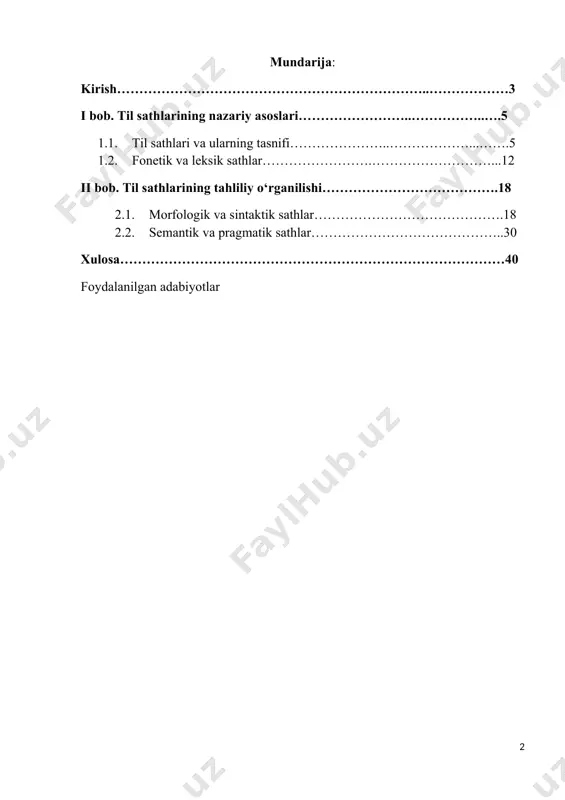 shlarni aniqlash, shuningdek, sathlarning til rivojlanishiga qanday ta’sir ko‘rsatishini ko‘rsatishdir. shu bilan birga, ishda til sathlarining turli tillarda qanday amalga oshishi va bu jarayonlarning amaliyotdagi o'rni hamda nutqda qanday qo'llanilishi haqida misollar keltiriladi. kurs ishining maqsadi shuningdek, tilning sathlari o‘rtasidagi o‘zgarishlarni va sathlararo bog‘lanishlarni o‘rganish orqali tilshunoslikning turli sohalaridagi ilmiy nazariyalarni yanada chuqurroq tushunishga yordam berishdir. yuqoridagi maqsadlarni amalga oshirish uchun, til sathlarining tahlili, ular orasidagi o'zaro ta’sirlar va amaliy misollar orqali tilning turli qatlamlaridagi o‘zgarishlar va evolyutsiya jarayonlarini yoritishga harakat qilinadi. kurs ishining vazifasi - til sathlarining o‘ziga xos xususiyatlarini va ularning tilshunoslikdagi o'rnini chuqur o‘rganishdan iborat. birinchi vazifa til sathlarining asosiy konsepsiyasini aniqlash va ularning turli turlarini (fonetik, morfologik, sintaktik, leksik) tahlil qilishdir. shuningdek, til sathlari o‘rtasidagi bog'lanishlarni aniqlash va ular qanday bir-biriga ta’sir ko‘rsatishini o‘rganish lozim. kurs ishida turli tillardagi sathlar o'rtasidagi farqlarni taqqoslash, ularning o'ziga xos xususiyatlarini aniqlash ham muhim vazifalardan biridir. shuningdek, til sathlarining nutq …