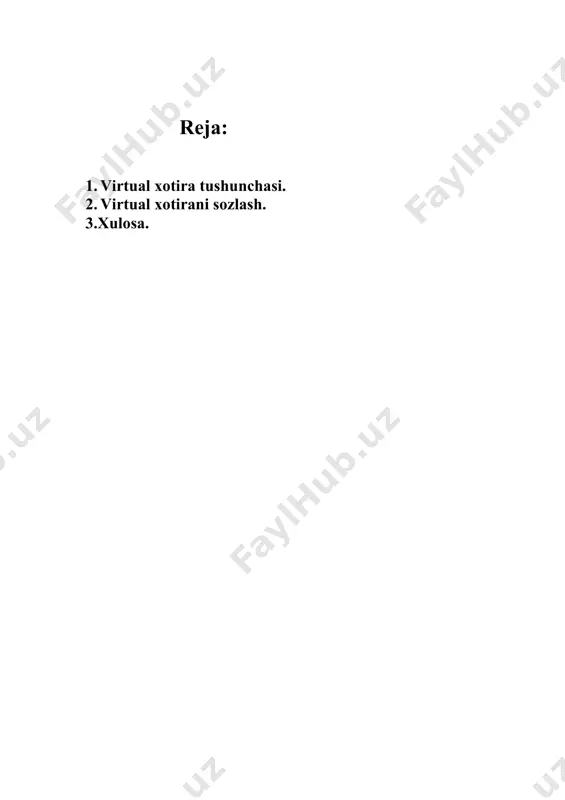 hi mumkin (216=65 536). e’tibor bering: adreslanadigan so’zlar soni adres bitlari soniga bog’liq bo’lib, xotiradagi real so’zlar soniga esa bog’liq emas. bu xotiraning adres maydoni 0, 1, 2, 3, …, 65535 dan iborat. xotira esa faqat 4096 so’zni saqlay oladi xolos. bu yerda 4095 gacha va 4096 dan keyingi adreslar orasida keskin farqlanish yuzaga kelgan. 4095 gacha foydali adres makoni, 4096 dan keyingilari foydasiz adres makoni deyilgan. chunki 4096 dan keyingi adreslar xotiraning real adreslariga mos kelmagan. adres maydoni va xotira adresi orasida farqlanish mavjud bo’lmagan, chunki ular orasida o’zaro birxillik munosabati mavjud deb tushunilgan. adres maydoni va xotira adresini alohidalash g’oyasi quyidagicha tushuntiriladi. har bir joriy vaqtda xotiraning 4096 ta so’ziga bevosita murojaat qilish mumkin. bu esa ushbu so’zlar 0 dan 4095 gacha adresda joylashishi shart degani emas. masalan, 4096-adresga murojaat qilinganda xotiraning 0-adresidagi so’z ishlatilishi, 4097-adresga murojaat qilinganda xotiraning 1-adresidagi so’z ishlatilishi, …, 8191-adresga murojaat qilinganda xotiradagi 4095-so’z …