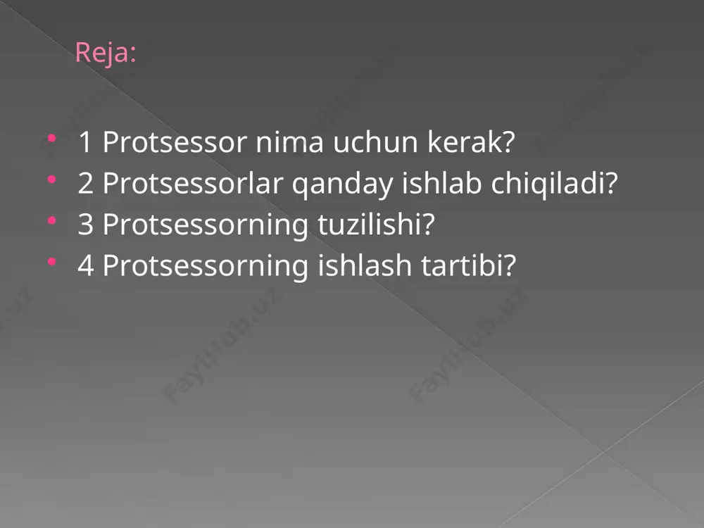 ki tarmoq kartasidan ma’lumotlar keladigan bo‘lsa, joriy vazifani bajarishni to‘xtatish kerakmi yoki yo‘qligini tushunish uchun kerak. agar uzilish mavjud bo‘lsa, registr va buyruqlar hisoblagichining ma’lumotlari stekka joylashtiriladi. buyruqlar hisoblagichiga esa uzilishlarni qayta ishlash dasturining manzili kiritiladi. uzilishlarni qayta ishlash funksiyasi tugagandan so‘ng stekdagi ma’lumotlar tiklanadi. 2-qadam. so‘ngra protsessor navbatdagi qaysi buyruqni bajarish kerakligini aniqlashi kerak. buning uchun buyruqlar hisoblagichidagi ko‘rsatmalarni tanlash bloki bajarilishi mo‘ljallangan buyruq manzilini o‘qiydi. kesh yoki operativ xotiradagi shu manzil uchun berilgan ko‘rsatma o‘qiladi. olingan ma’lumotlar dekodlash blokiga uzatiladi. 3-qadam. endi mp navbatda qaysi buyruqni bajarish kerakligini biladi, lekin dastlab uni dekodlash kerak. buning uchun buyruqlarni dekodlash bloki buyruqni dekodlaydi. agar bu o‘tish buyrug‘i bo‘lsa, buyruqlar hisoblagichiga o‘tish manzili yoziladi va boshqaruv ko‘rsatmalarni tanlash blokiga o‘tkazadi (1-band). aks holda buyruqlar hisoblagichining ko‘rsatkichi buyruq o‘lchami qadar ortadi (buyruq uzunligi 32 bit bo‘lgan protsessor uchun — 4 ga) va boshqaruvni ma’lumotlar tanlovi blokiga o‘tkazadi. 4-qadam. buyruqni bajarish uchun ma’lumotlar …