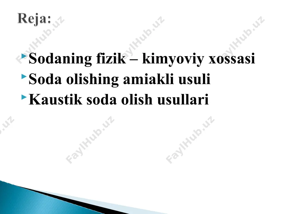 н ювувчи восита олиш схемаси na2co3 мolekula massasi 105,99 g/mol zichligi 2,53 g/sm³ (20 °c) 1,446 g/sm³ (17 °c) т. erishi 852 °c т. qaynashi 1600 °c na2co3 (natriy korbonat) —kalsiylangan soda na2co3·h2o ёки na2co3·7h2o, na2co3·10h2o yuvish sodasi nahco3 (gidrokorbonat natriy) — ichimlik sodasi naxkolit nahco3 tron na2co3·nahco3·2h2o natrit (soda) na2co3·10h2o termonatrit na2co3·н2o. саноатда «сода» номи билан турли хилдаги кимёвий моддалар: кальцинирланган сода ёки натрий карбонат na2co3 (тўкма зичлиги 0,5 т/м3); шунингдек оғир сода деб аталадиган na2co3 (тўкма зичлиги 0,9-1,2 т/м3); натрий гидрокарбонат nahco3; кристалл сода na2co3∙10h2o; каустик сода ёки ўювчи натрий naoh ишлаб чиқарилади. кальцинирланган содадан ўювчи натрий, натрий бикарбонат кабилар ишлаб чиқаришда хомашё сифатида фойдаланилади. кальцинирланган сода а ва б навларда ишлаб чиқарилади ва барча турдаги шиша ишлаб чиқаришда, шу жумладан биллур, оптик ва медицина ойнаси, шиша блоклари, эрийдиган натрий силикат, сопол плитка, қора ва рангли металлургияда: қўрғошин, рух, вольфрам, стронций, хром ишлаб чиқаришда, чўянни олтингугуртсизлантириш ва фосфорсизлантиришда, …