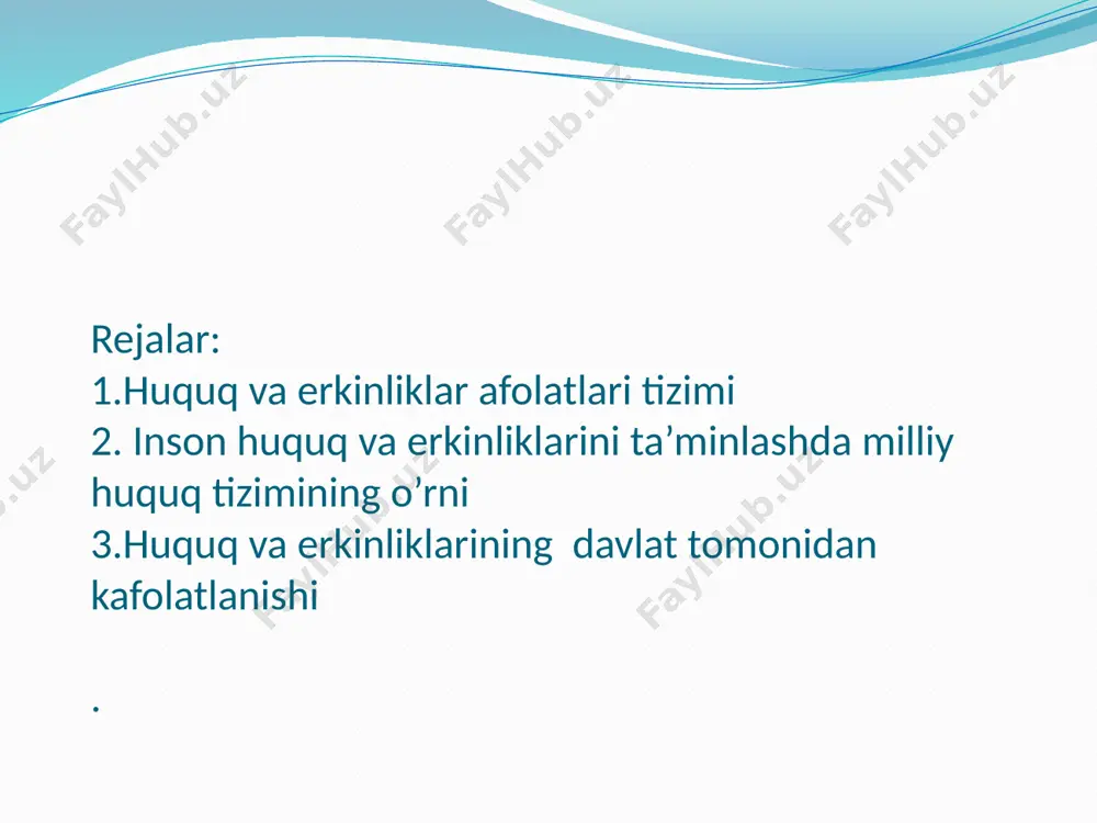 . bilim olish , ta’minot olish , tibbiy xizmatdan foydalanish imkoniyatlarining kengayishi davlatning iqtisodiyotiga bevosita bog’liqdir. bulardan tashqari huquq va erkinliklarning kafolatlanishida jamoatchilik nazorati ham alohida o’rin tutib , bunda nodavlat tashkilotlar ham ishtirok etadi. demak, huqu va erkinliklarning kafolati deganda ,ularni ta’minlash ,amalga oshishi uchun yetarli asoslar va zarur mexanizm mavjudligi tushuniladi. huquq va erkinliklarning kafolatlari tizimi huquqiy, siyosiy asoslardan va ularni amalga oshishini ta’minlashdan iborat. inson huquqlari va erkinliklarini ta’minlashda milliy huquq tizimining o’rni: inson huquqlari masalasi davlatning faqat ichki masalasi bo’lmasdan, xalqaro ahamiyatga egadir. inson huquqlarini ta’minlashda xalqaro tashklotlar, ular tomonidan qabul qilingan hujjatlar alohida rol o’ynaydi. lekin ,har bir shaxs , inson asosan biror –bir mamalakat hududida yashaydiva ko’pincha biror mamalakatning fuqarosi hisoblanadi. davlat buning uchun,eng avvalo, insonlarning huquqini ta’minlovchi huquq tizimini yaratadi. ya’ni insonning huquqlarini ta’minlovchi huquq tizimining tarkibiy qismi hisoblanadi. mamlakatimizda inson huquqlarini ta’minlovchi milliy huquq tizimida o’zbekiston konstitutsiyasi alohida o’rin tutadi. konstitutsiyada inson …