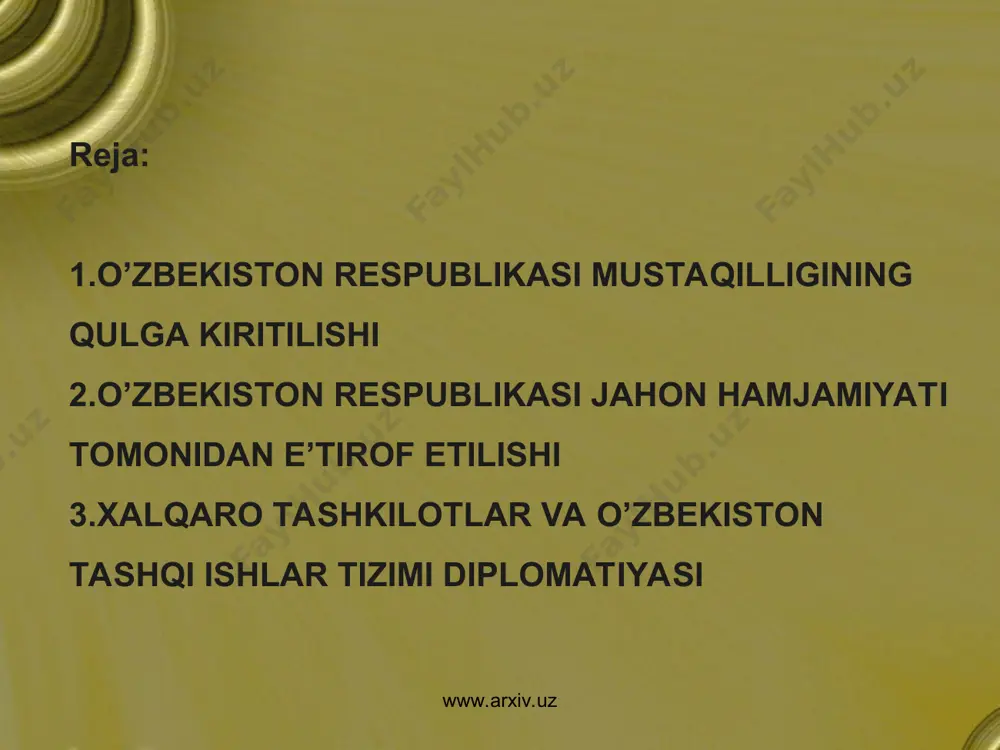 yaratishdan iboratdir. o’zbekiston o’z tashqi siyosatida quyidagi printsiplarga sodiq bo’lib qolmoqda: - o’zining milliy manfaatlariga asoslangan ochiq, pragmatik va puxta o’ylangan tashqi siyosat olib borish; - teng huquqlilik va o’zaro manfaatdorlik, suverenitetni, hududiy yaxlitlikni hurmat qilish, chegaralarning daxlsizligi va davlatlarning ichki ishlariga aralashmaslik, munozarali masalalarni tinch yo’l bilan hal etish, kuch ishlatmaslik yoki kuch bilan tahdid qilmaslik. www.arxiv.uz www.arxiv.uz tashqi siyosiy faoliyat kontseptsiyasiga muvofiq, o’zbekiston respublikasi davlatning, xalqning oliy manfaatlariga, uning farovonligi va xavfsizligiga, mamlakatni modernizatsiya qilishning ustuvor yo’nalishlariga, amaldagi milliy qonunchilik hamda qabul qilingan xalqaro majburiyatlarga amal qilgan holda ittifoqlar tuzish, hamdo’stliklarga va boshqa davlatlararo tuzilmalarga kirish, shuningdek ulardan chiqish huquqini o’zida saqlab qoladi. www.arxiv.uz www.arxiv.uz o’zbekiston tinchliksevar siyosat yuritadi va harbiy-siyosiy bloklarda ishtirok etmaydi, har qanday davlatlararo tuzilmalar harbiy-siyosiy blokka aylangan taqdirda, ulardan chiqish huquqini o’zida saqlab qoladi. o’zbekiston respublikasi qo’shni davlatlardagi qurolli mojarolarga va keskinlik uchoqlariga tortilishining oldini olish yuzasidan siyosiy, iqtisodiy va boshqa chora-tadbirlarni ko’radi, shuningdek …