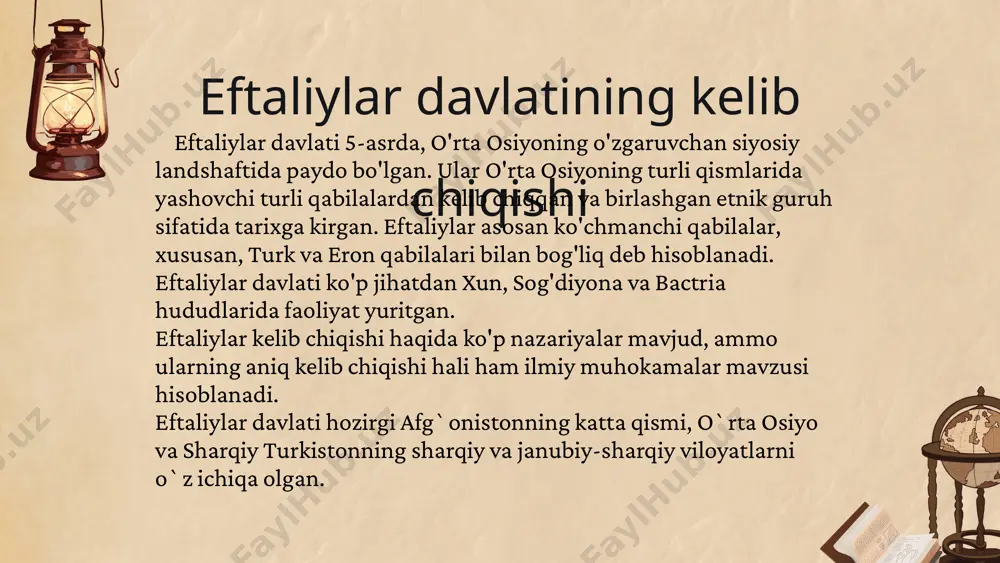 h bilan birga, podshohga sodiqliklari bilan mashhur bo'lishgan. 4. ijtimoiy tabaqalanish: eftaliylar jamiyatida ijtimoiy tabaqalanish mavjud bo'lib, podshohlar, aristokratlar va harbiy rahbarlar yuqori tabaqada joylashgan. o'z navbatida, qishloq aholisi, savdogarlar va handaylar o'rta va past tabaqalar sifatida tan olingan. 5. diniy rol: diniy liderlar ham davlat boshqaruvida ahamiyatga ega bo'lgan. diniy an'analar va marosimlar jamoatchilik hayotida muhim o'rin tutgan va davlatning legitimligini ta'minlashda yordam bergan. 6. mahalliy boshqaruv: davlatni joylarda boshqarish uchun podshoh mahalliy rahbarlarni tayinlagan. ushbu rahbarlar o'z hududlaridagi ijtimoiy va iqtisodiy masalalarni hal qilishga mas'ul bo'lgan. eftaliylar davlati 6-asrning o'rtalarida qulasha boshladi. ularning qulashi bir necha sabablarga bog'liq bo'lib, quyidagi asosiy omillarni o'z ichiga oladi: iqtisodiy sabablar: eftaliylar hukmronligi davrida mintaqada iqtisodiy muammolar yuzaga keldi. iqtisodiy inqiroz va resurslarning yetishmasligi davlatning kuchini zaiflashtirdi. ichki nizolar: eftaliylar ichida turli qabilalar o'rtasidagi nizolar kuchayib, davlatning birligini buzdi. bu ichki bo'linishlar eftaliylar hukumatining nazoratini kamaytirdi. 3. ovoz beruvchi kuchlarning kuchayishi: ular …
