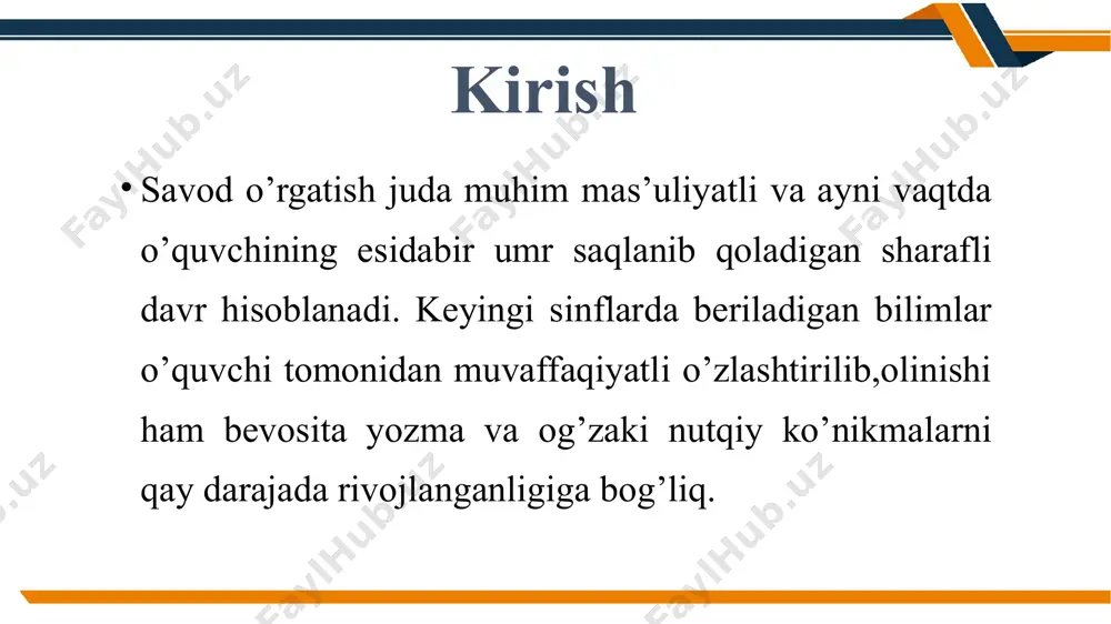 ni va bu so‘zlardan iborat jumlalarni o‘rganish. yozuvni mashq qilish: o‘quvchilarni yozuv jarayonida qo‘lni harakatlantirishga o‘rgatish, harflarni va so‘zlarni aniq yozish ko‘nikmalarini rivojlantirish zarur. birinchi matnlarni yozish: o‘quvchilar oddiy jumlalarni yozishga o‘rgatiladi. masalan, "men bog‘da yuguraman" kabi sodda jumlalarni yozish. savod o‘rgatishning tayyorlov davrining mohiyati bu davr o‘quvchilarga harflarni va tovushlarni aniq tushunish va tanish imkoniyatini yaratadi. tovushlarni aniq eshitish, ularni harflarga mos kelishini bilish, shuningdek, harflarni yozishni o‘rgatish kerak. birinchi bosqichdagi o‘qish va yozish ko‘nikmalarining shakllanishi: savod o‘rgatishda, o‘quvchilar harf va tovushlar bilan tanishib, ularni ajratish, birlashtirish va o‘qish qobiliyatini rivojlantirishadi. ii-bob. savod o’rgatish jarayonida yozuvga o’rgatish. savod o‘rgatish jarayonida o‘quvchilar o‘qishga o‘rganish bilan parallеl ravishda yozuvdan ham elеmеntar malaka hosil qiladilar. dasturga muvofik o‘quvchilar yozuvdan quyidagi malakalarni egallashlari lozim: partada turli o‘tirish, daftarni turli qo‘yish, chiziqlarni chamalash, yozayotganda ruchkadan turli foydalanish, hoshiyaga rioya qilish. ish daftari yoki alifbе asosida o‘zbеk alifbosidagi barcha katta va kichik harflarni yozish, shuningdеk, …