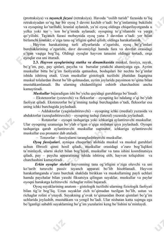 alliklarini chaqirishi mumkin. 2.2. q.x. hayvonlar oyoqlarining asosiy faoliyati – tayanch va harakatlanishdir. hayvon tinch turgan vaqtda, oyoqlar uning tanasini ko’tarib turadi, harakatda esa oyoqlar hayvonni bir joydan ikkinchisiga o’tishini ta’minlaydi. hayvonning harakatlanishi skelet muskullarining qisqarishi va old hamda orqa oyoqlarning navbatma – navbat bajariladigan ishi natijasida amalga oshadi. bunda ikkita oyoq (diagonal bo’yicha) yerga tayansa, qolgan ikkitasi havoda “osilib” turadi. harakat a’zolarining yuqorida ko’rsatilgan fiziologik faoliyati ularning anatomik tuzilishiga bog’liq bo’lib, markaziy nerv sistema, birinchi navbatda bosh miyaning katta yarim sharlar po’stlog’i orqali boshqariladi. lokomotor apparat suyak, muskul, pay va paychalardan tuzilgan. oyoq suyaklari hayvon tanasi bilan ko’krak (yelka) va tos (qorin) kamarlari orqali birikadi. oyoqning yuqorigi segmenti massiv muskulatura rivojlanishi bilan harakterlanadi. o’rta va pastki segmentlar suyak – bo’g’im va pay –paycha apparatlaridan va kam miqdorda muskullardan tuzilgan. oyoq suyaklari o’zaro burchak hosil qilib birlashadi va muskullarning pay uchlari hamda paychalar bilan fiksatsiya qilinadi (ushlab turiladi). oyoqlarning alohida …