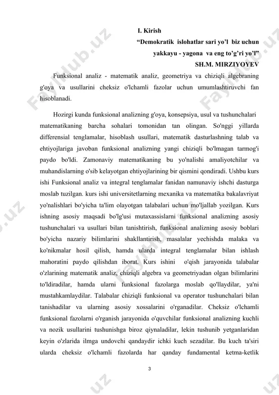 va ishlab chiqarish bilan intergiyasi mexanizmlarini rivojlantirish, uni amaliyotga joriy etish, o’qishni, mustaqil bilim olishni individuallashtirish hamda masofaviy ta’lim tizimi texnalogiyasini, uning vositalalarini ishlab chiqarish, o’zlashtirish, yangi pedadogik va axborot texnologiyalari asosida o’quvchi va talabalarni o’qitishni jadallashtirish yanada dolzarb vazifalar sirasiga kiradi. ta’limni isloh qilish, yangi mazmundagi va zamon talabiga javob beradigan o’quv adabiyotlar, qo’llanmalarni yaratish va ilg’or pedagogik texnalogiyalarni joriy etishni taqozo etadi. ta’lim tizimidagi kamchiliklar, shu jumladan, matematika fanidan ham o’qitish uslubiyatini chetlab o’tmaydi. har bitta fanga alohida e’tibor berish, har bir mavzuni o’qitishda ma’suliyatli bo’lish o’qituvchi, professor, dosent va akademiklarning eng oliy maqsadi hisoblanadi. bizga ma’lumki matematika fani juda qiziqarli va shu bilan birga murakkab fan bo’lib ham hisoblanadi. ma’lumki, funksionla analiz fani nima uchun kerak, nima maqsadlarda foydalaniladi, uning yechimlari qanday topiladi kabi masalalar qaraladi. shu o’rinda bu mavzuga doir “metrik fazolar” mavzusidan bularga oid masalalar, misollar yechish kabi ishlar o’rganiladi. ushbu fikrlar tanlangan mavzuning qanchalik …