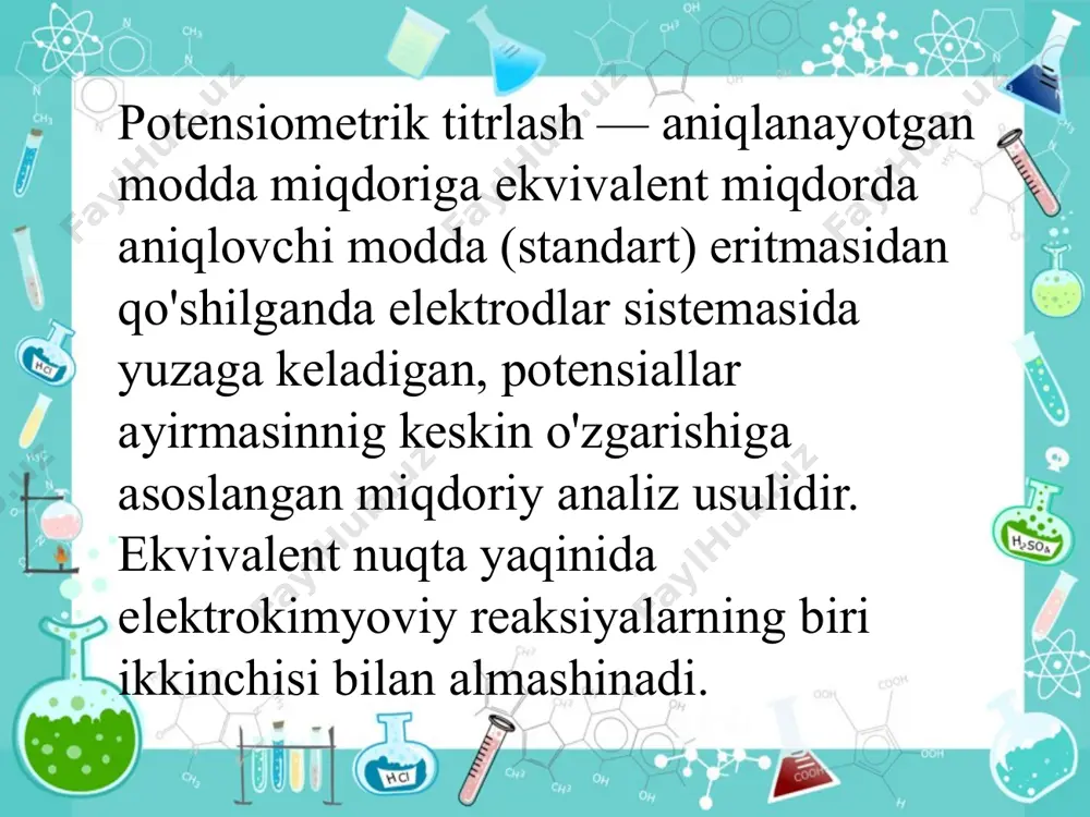 l potensiallar farqi orqali aniqlanadi. “tok to`xtashigacha” titrlash usuli elektrodlar qutblanishiga asoslangan. bu usulni ch. fok va e.t. badenlar 1926 yilda yozdilar. ulardan oldin 1897- yilda e. salamon ham shu prinsipga asoslangan usul haqida yozgan edi. potensiometrik titrlashga bag`ishlangan birinchi monografiyani myuller 1923 yilda yozib, uni “elektrometrik miqdoriy analiz” deb atadi. potensiometrik titrlashni mikro- va yarim mikro- usullarda amalga oshirish mumkin. hozirgi paytda juda ko`plab selektiv, sezgir elektrodlar yaratilgan. bu sohada i.p. alimarinning ham xizmatlari kattadir. image2.png image3.png image4.png image5.png image6.png image7.png image8.png image1.jpeg