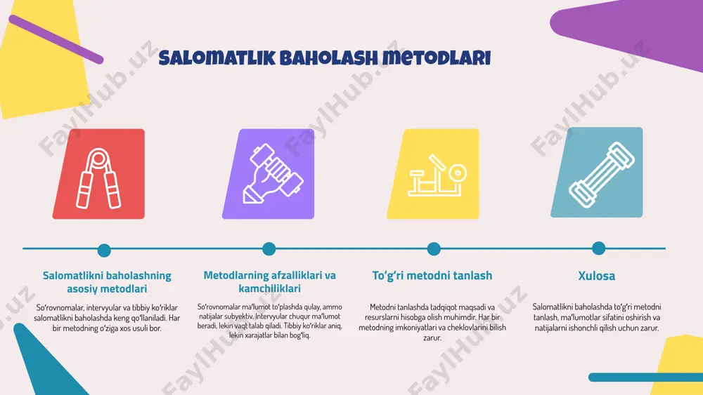 larni amalga oshirishni va salomatlikni yaxshilashga bo‘lgan intilishlarni kuchaytiradi. o‘z-o‘zini tahlil qilish usullari o‘z-o‘zini tahlil qilish usullarining turlari o‘z-o‘zini tahlil qilish usullari: yozma baholash, savol-javoblar, kuzatish va psixologik testlar. har bir usulning foydalari va kamchiliklari yozma baholash shaxsiy fikrlarni ifodalaydi, ammo vaqt talab qiladi. savol-javoblar tez natijalar beradi, lekin savollarga bog‘liq. kuzatish o‘zgarishlarni aniqlaydi, lekin ob’ektivligi qiyin. psixologik testlar chuqur tahlil imkonini beradi, lekin ularni to‘g‘ri o‘qish kerak. o‘z-o‘zini tahlil qilishni qanday boshlash o‘z-o‘zini tahlil qilish uchun maqsadlaringizni aniqlang. sizga mos usulni tanlang va his-tuyg‘ularingizni yozing. natijalarni har hafta ko‘rib chiqing va o‘zgarishlarni belgilab boring. xulosa o‘z-o‘zini tahlil qilish usullari salomatlikni baholashda muhimdir. har bir usulning imkoniyatlari va cheklovlari bor, shuning uchun o‘z ehtiyojlaringizga mos usulni tanlang. photo by paul green on unsplash o‘z-o‘zini tahlil qilish va salomatlik - o‘z-o‘zini tahlil qilish va salomatlik o‘rtasidagi bog‘liqlik: o‘z-o‘zini baholash, salomatlikni yaxshilashga yordam beradi. - salomatlikka ta’sir etuvchi omillar: genetika, atrof-muhit va …