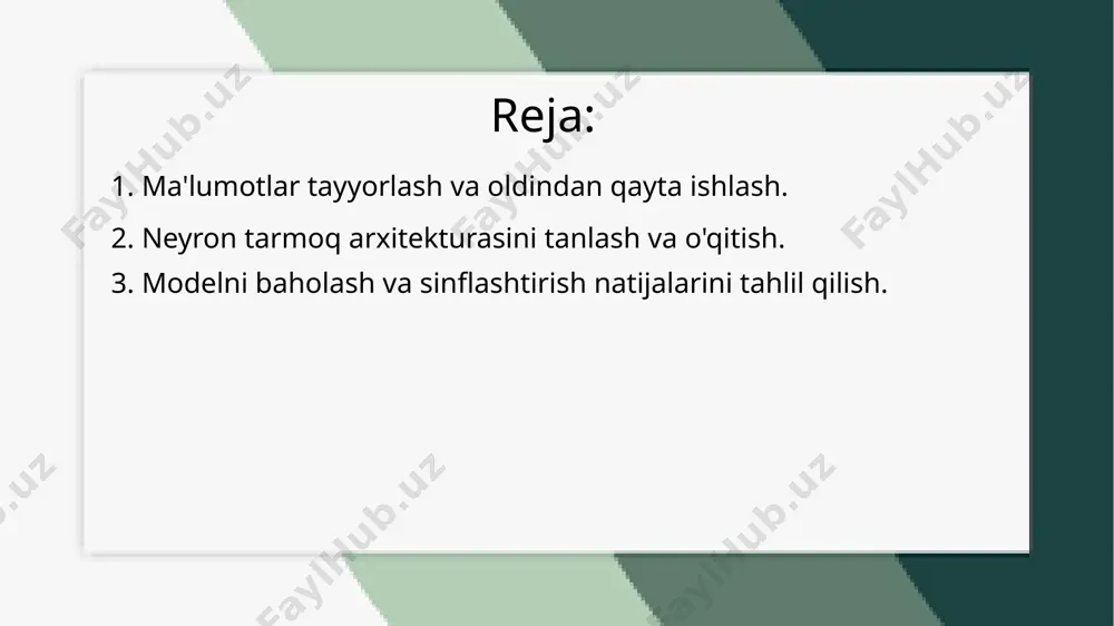 na o‘rganish tizimlarining samaradorligini belgilovchi asosiy bosqichlardir. tarmoq arxitekturasi va o‘qitish jarayonlari, tadqiqotning maqsadlari va ishlatiladigan ma'lumotlarga qarab farq qiladi. arxitektura tanlashda, eng avvalo, masalaning xususiyatlarini inobatga olish kerak. bu, tarmoq qaysi turdagi ma'lumotlar bilan ishlashini belgilaydi: tasvirlar, matn yoki boshqa turdagi ma'lumotlar. arxitektura, tarmoqning qatlamlari, har bir qatlamdagi neyronlar soni va faollik funktsiyalarini aniqlaydi. a o‘qitish jarayoni, neyron tarmog‘ining o‘rganish bosqichidir. bu jarayonda tarmoq berilgan ma'lumotlar asosida xatolarni tahlil qiladi va o‘zining parametrlarini optimallashtiradi. o‘qitishda xato funktsiyasini tanlash va optimizatsiya algoritmini ishlatish muhim. xato funksiyasi modelning qanchalik yaxshi ishlayotganini ko‘rsatadi, optimizatsiya algoritmi esa, bu xatoni kamaytirishga yordam beradi. tarmoqni o‘rgatishda, o‘qish tezligi, qatlamlar soni, batch o‘lchami va epochlar soni kabi parametrlar ham tanlanadi. bu parametrlar tarmoqning samarali o‘rgatilishiga ta’sir qiladi. shuningdek, tarmoqning sinov ma'lumotlarida baholanishi va ortiqcha moslashishning oldini olish uchun sinov jarayonlari amalga oshiriladi. neyron tarmoq arxitekturasini tanlash va o‘qitish jarayonida, ma'lumotlarning sifati, optimizatsiya parametrlarining to‘g‘riligi va tarmoqning …