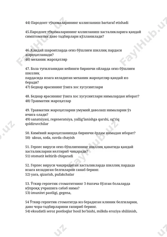 соратларида бўшлиғи шиллиқ пардасида қандай ўзгаришлар кузатилади? 62) allergic, kuyish, 63.жарохатланишнинг бирламчи белгилари 63) dolor kolor rubor tubor harorat ko’tarilishi funksiya buzilishi 64 огиз бушлиги шиллик кавати касалликлари таснифи 64) travmatik, infeksion, noinfeksion, allergiya, medikamentoz, yondosh kasalliklar, ortodontik, ortopedik, tish sohasidagi kasalliklar. 65.болалар шиллик парда эпителийси хакида малумот беринг 65) muguzlanmaydigan harakatchaan harakatsiz, to’qimalardan iborat (glikogen ko’p bo’lad, rnk ka) 66.bolalarda og'iz bo'shlig'i shilliq qavatining o'ziga xosligi 66) glikogen ko’p bo’lad, rnk ka yupqa nozik 67.bednar aftasi haqida ma'lumot bering 67) travmatik natijasi kelib chiqadigan yara 68. ёш болаларда огиз бушлиги шиллик пардасининг хасталикларини чакирувчи инфекция турларини санаб беринг. 68) virus zamburug’ bakteriyalar 69.уткир герпетик стоматитнинг 3 ёшгача булган болаларда купрок учрашига сабаб нима? 69) imunitet pastligi, gegena qoidasi, yondosh kasalliklar, 70.og'iz bo'shlig'i shilliq qavatining jaroxatlarni klassifikatsiyasi? 70) ) travmatik, infeksion, noinfeksion, allergiya, medikamentoz, yondosh kasalliklar, ortodontik, ortopedik, tish sohasidagi kasalliklar. 71.chaqaloqlarda og'iz bo'shlig'i shilliq qavatining tuzilishi? 71) yupqa va …