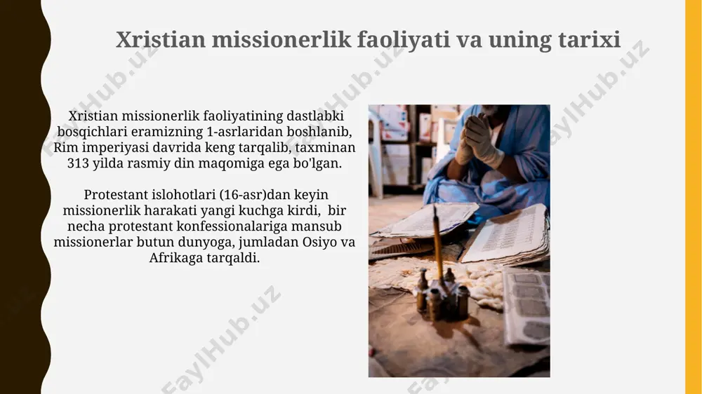 va islom missionerlik faoliyatining kelajagi, globalizatsiya tufayli 21-asrda 50% ga o'sishini taxmin qilish mumkin, bu esa yangi texnologiyalar va ommaviy axborot vositalaridan foydalanish orqali kengayishini ko'rsatadi. xristian missionerlarining 30% dan ortig'i yoshlar bo'lib, ularning ijtimoiy tarmoqlardan faol foydalanishi, an'anaviy usullardan farqli ravishda, missionerlikning yangi strategiyalarini shakllantirishga olib keladi. e'tiboringiz uchun rahmat @taqdimot_robot image1.jpg image2.jpg image3.jpg image4.jpg image5.jpg image6.jpg image7.jpg image8.jpg image9.jpg