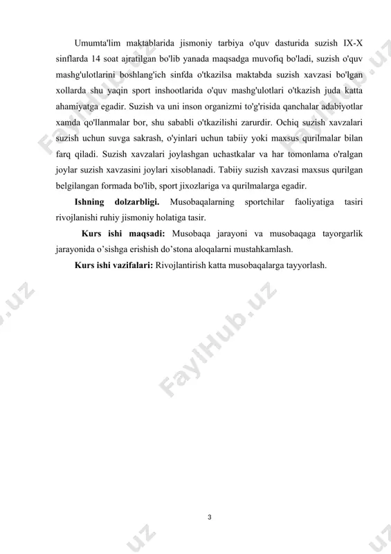 ozlariga va qurilmalarga egadir. ishning dolzarbligi. musobaqalarning sportchilar faoliyatiga tasiri rivojlanishi ruhiy jismoniy holatiga tasir. kurs ishi maqsadi: musobaqa jarayoni va musobaqaga tayorgarlik jarayonida o’sishga erishish do’stona aloqalarni mustahkamlash. kurs ishi vazifalari: rivojlantirish katta musobaqalarga tayyorlash. i.bob.sport musobaqalari va sportchilarni tayyorlash tizimi. 1.1. olimpiada sport musobaqalari olimpiada sport musobaqalari sport musobaqalari o‘ziga xos faoliyat bo‘lib raqib-larning harakatini tartibga solishda katta rol o‘ynaydi, ularning ayrim qobiliyatlarini ob’ektiv ravishda solish- tirib ko‘rishga va jismoniy sifatlarni maksimal daraja-da namoyon bo‘lishini[footnoteref:1] musobaqa davomida harakatlanishni maksimal darajada ta’minlashga imkoniyat yaratadi. sport hozirgi ko‘rinishda bir qator o‘ziga xos xususiyatlariga ega: [1: mirziyoyev sh.m. “erkin va farovon, demokratik o’zbekiston davlatini mard va olijanob xalqimiz bilan birga quramiz” mavzusidagi o’zbekiston respublikasi prezidenti lavozimiga kirishish tantanali marosimiga bag’ishlangan oliy majlis palatalarining qo’shma majlisidagi nutqi. – t.: “o’zbekiston”, 2016.] 1) sport musobaqalar faoliyatida, raqobat darajasini ketma-ket yutuqlarga bo‘lgan talablarni ortib borishi, sport musobaqalarining tizimiga asoslanib tashkil eti-ladi (yuqori ringga quyi …
