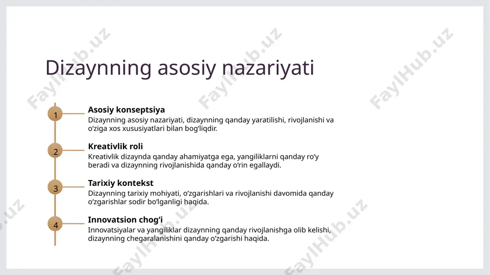 dizaynda muhimlikni aniqlash uchun, muhimliklarni oʻrganish, innovatsiyalar va fikr-mulohazalar yaratishning ahamiyati keltiriladi. bu davrda, dizaynning oʻziga xos elementlari va texnologiyalarining qoʻllanilishi muhimdir. photo by ram kishor on unsplash o‘zlashtirilgan yaratish texnologiyalari va innovatsiya 01 o'zlashtirilgan yaratish o'zlashtirilgan yaratish texnologiyalari, dizaynning deyarli har bir qismiga innovatsion yondashuvlar kiritib keladi, yangi mahsulotlar va xizmatlar yaratishda muhim ahamiyatga ega. 02 teknologiyalar va dizayn texnologiyalar dizaynda yaratish, 3d-chizish, prototiplar va virtual modellar yaratish texnologiyalari, dizaynning yangiliklarini amalga oshirishda katta ahamiyatga ega. 03 innovatsiya va hamkorlik o'zlashtirilgan yaratish texnologiyalari va innovatsiya, dizayn sohasida so'nggi rivojlanishlar va yangi mahsulotlar yaratishda muhim hamkorlik qiladi, jamiyatga foyda olib keladi. o'zbekiston madaniy dizayni tarixi 1 o‘zbek dizayni taraqqiyoti o‘zbek dizayni tarixi, madaniy mirasimizning o‘ziga xos rivojlanish yo‘lida o‘n yillar davomida o‘zgaruvchanliklar ko‘rsatgan. 2 g‘oya va ranglar o‘zbek dizaynida g‘oya va ranglar o‘ziga xos ahamiyatga ega bo‘lib, milliy motivlar va abstrakt turlarni jamlab oladi. 3 xalqaro munosabatlar o‘zbek madaniy dizayni, …