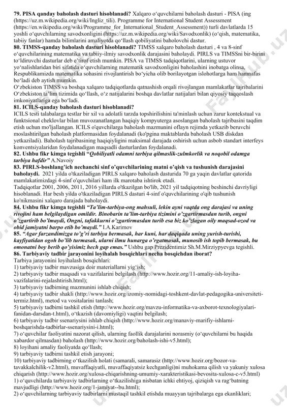 anlash imkoniyati beriladi. ammo oʻzi tanlagan fanlardan tashqari, kimyo, biologiya, fizika, matematika, adabiyot, jismoniy tarbiya kabi majburiy fanlar ham oʻqitiladi. 39. 1946-yili qabul qilingan yaponiya konstitutsiya fuqarolarning ta’lim sohasidagi huquq va burchlari nimada deb belgilangan? 40. yaponiyada psixologlarning ta’kidlashicha bilimlarni necha foizini bilimni necha yoshgacha o’zlashtiradi? 42. yaponiyada maktabning boshlanishidagi ramziy belgi nima bilan bog’liq? 43. janubiy koreya bog’chalarida asosan qaysi mashg’ulotlar o’tkaziladi? a) musiqa, rasm, hisoblash darslari o'tiladi. b) nutq o`stirish, chet tillari, 44. janubiy koreyada boshlang’ich ta’lim necha yil? 6-yil 45. birlashgan arab amirligida qaysi ta’lim turida “arab tili darslari va islomni o’rganish majburiy” o’qitiladi? 46. birlashgan arab amirligida majburiy ta’lim necha yil o’qitiladi? baadagi ta'lim tizimi besh va undan katta yoshdagi barcha amirlik bolalari, shu jumladan chet elda yashovchilar uchun ham ta'limni majburiy qilib qo'ydi. 18 yoshgacha bo'lgan har bir baa fuqarosi uchun muassasalarda boshlang'ich ta'lim va o'rta ta'lim bepul beriladi. 47. shirin so’zli bo’lish va mehribonlik …