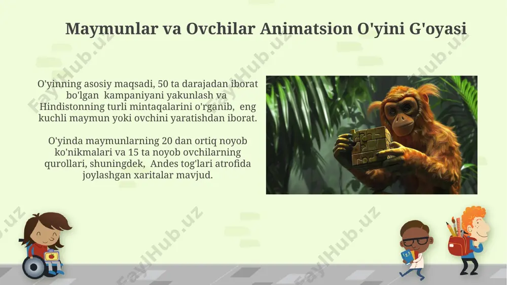qilingan. daraja dizayni va muhiti darajalar 3d muhitda joylashgan bo'lib, har biri o'ziga xos 20 ga yaqin o'simlik turi va 10 turdagi hayvonlar bilan bezatilgan, masalan, kongo daryosi bo'ylaridagi tropik o'rmonlarni aks ettiradi. har bir darajada o'yinchilar 15 ga yaqin turli xil vazifalarni bajarishi kerak, jumladan, 5 ta asosiy topshiriq va 10 ta qo'shimcha topshiriqlar, bu esa amazon o'rmonlarining murakkabligiga o'xshaydi. dasturlash va texnologiyalar o'yin dasturlashda unity yoki unreal engine kabi 3d grafik dvigatellari, toshkentdagi 5 dan ortiq kompaniyalar tomonidan faol qo'llaniladi va bu animatsion o'yinlarni yaratishni ancha tezlashtiradi. o'yinning server tomonlama qismi uchun node.js yoki python kabi tillar, ma'lumotlar bazasi sifatida esa mysql yoki postgresql, global miqyosda 10 million foydalanuvchini qabul qilish uchun optimallashtirilishi mumkin. e'tiboringiz uchun rahmat @taqdimot_robot image6.jpg image7.jpg image8.jpg image9.jpg image10.jpg image11.jpg image12.jpg image13.jpg image14.jpg image15.jpg image16.jpg image17.jpg image1.png