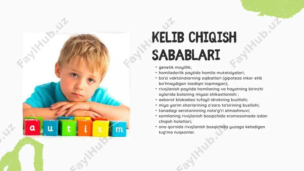 arini e'tiborsiz qoldiradigan odamlar (chunki ularni idrok eta olmaydilar) beshinchisi - yuqori darajadagi intellektga ega bo'lgan kattalar, ular ijtimoiylashishga muvaffaqiyatli urinishadi va jamiyatga moslashadilar. ular boshqalar bilan deyarli teng sharoitlarda o'zaro aloqada bo'lishlari, o'qish, kasblarni o'rganish va aqliy mehnat bilan bog'liq sohalarda ishlashlari mumkin to'rtinchisi - kundalik muammolarini hal qila olmaydigan kattalar. ularda boshqalarga nisbatan xafagarchilik hissi paydo bo'ladi autizmli bemorlarning quyidagi guruhlari ajratiladi: 1.ijtimoiy munosabatlarning yo'qligi 2. buzilgan o'zaro aloqa 3.cheklangan manfaatlar va takrorlanuvchi xatti-harakatlar namoyishi. autizmni aniqlash uchun triada - xulq-atvor terapiyasi dasturlari - "rivojlanish modellari"dan. foydalanish - logoped terapiyasi - ijtimoiy ko'nikmalarni o'rgatish; - mehnat terapiyasi; - antidepressantlar; - antipsixotiklar; - talvasaga qarshi preparatlar. autizmni davolash umumiy kompleks chora tadbirlar oʻtkazish e'tiboringiz uchun rahmat! image9.png image10.svg image11.png image12.svg image13.png image14.svg image15.png image16.svg image17.png image18.svg image1.png image19.png image20.svg image21.png image22.svg image23.png image24.svg image25.png image26.svg image27.png image28.svg image2.svg image29.png image30.svg image3.png image4.svg image5.png image6.svg image7.png image8.svg image39.png image40.jpeg image31.png …